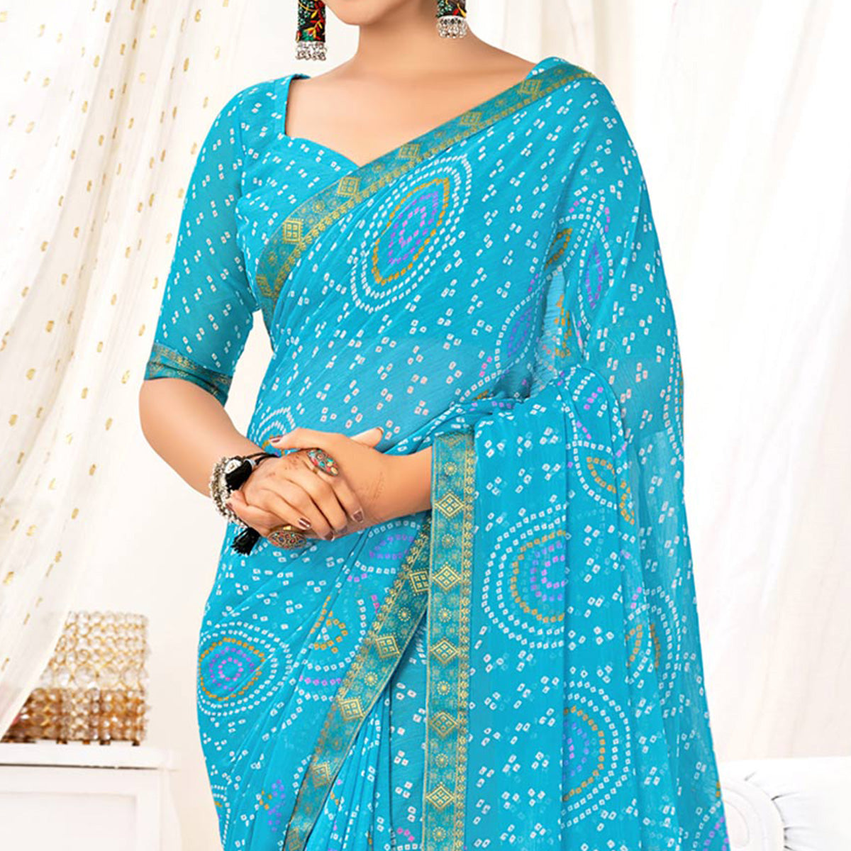 Blue Bandhani Printed Chiffon Saree