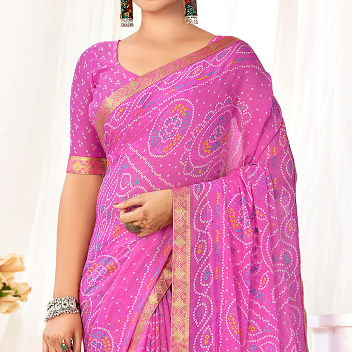 Pink Bandhani Printed Chiffon Saree