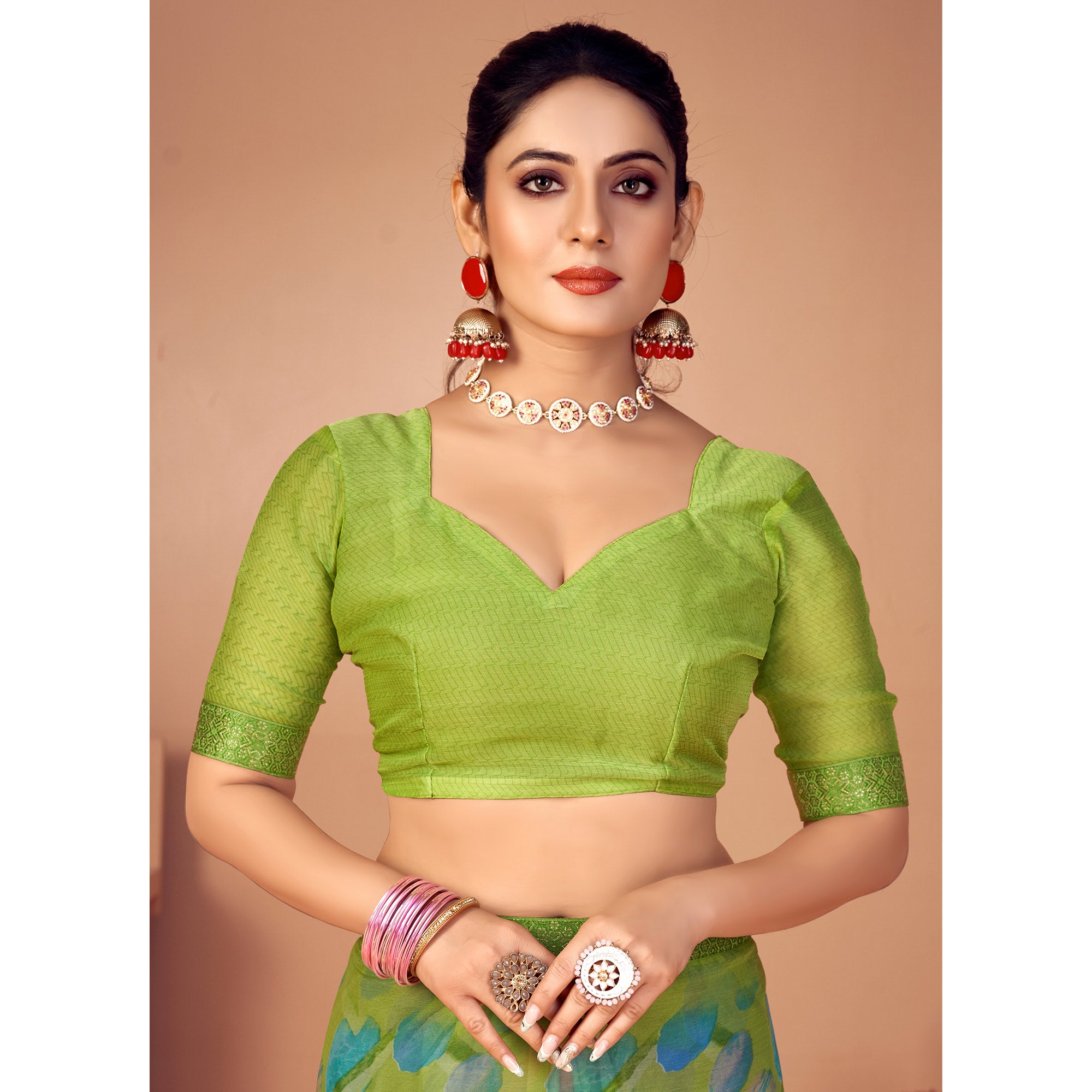 Green Printed Chiffon Saree With Lace Border