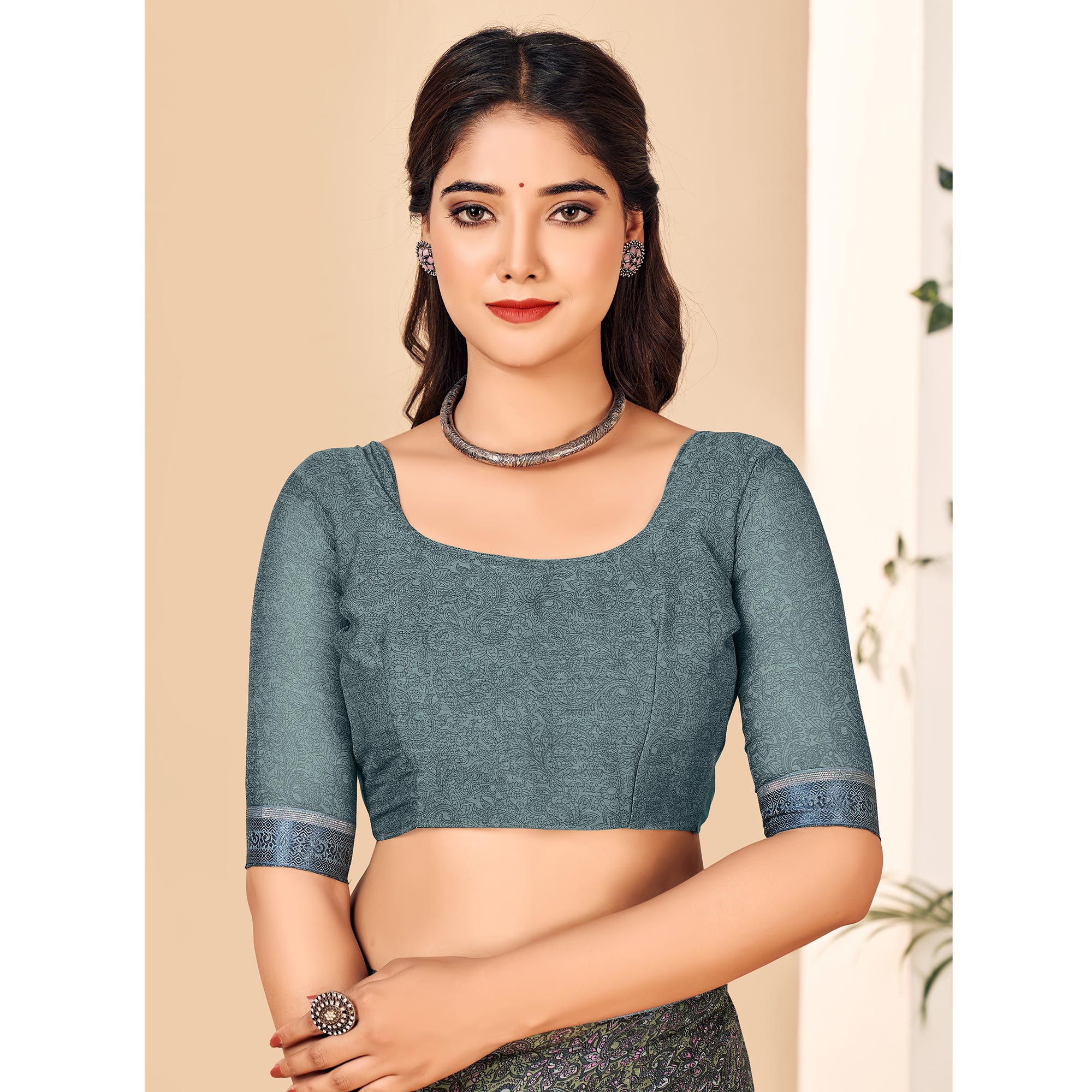 Grey Floral Printed Chiffon Saree With Lace Border