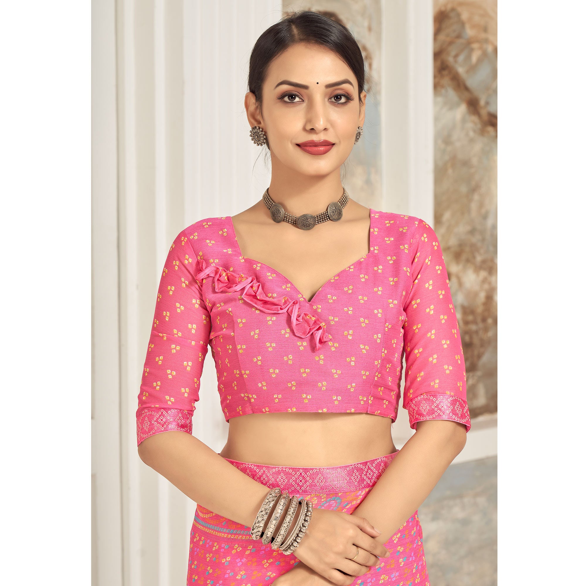 Pink Bandhani Printed Chiffon Saree