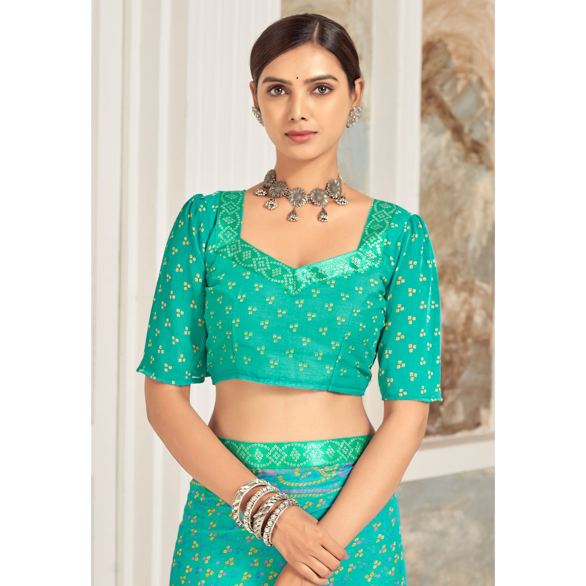 Turquoise Bandhani Printed Chiffon Saree