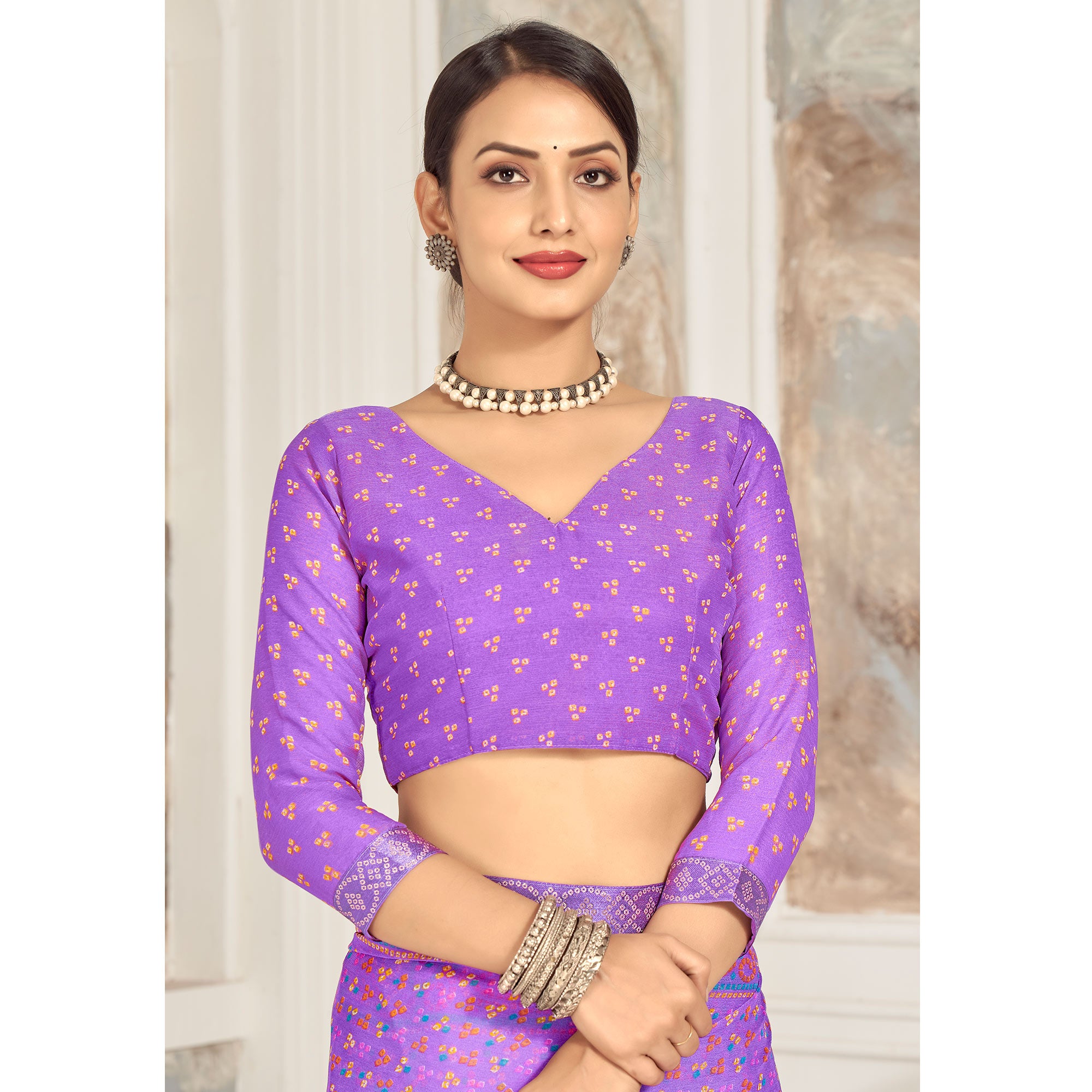 Purple Bandhani Printed Chiffon Saree