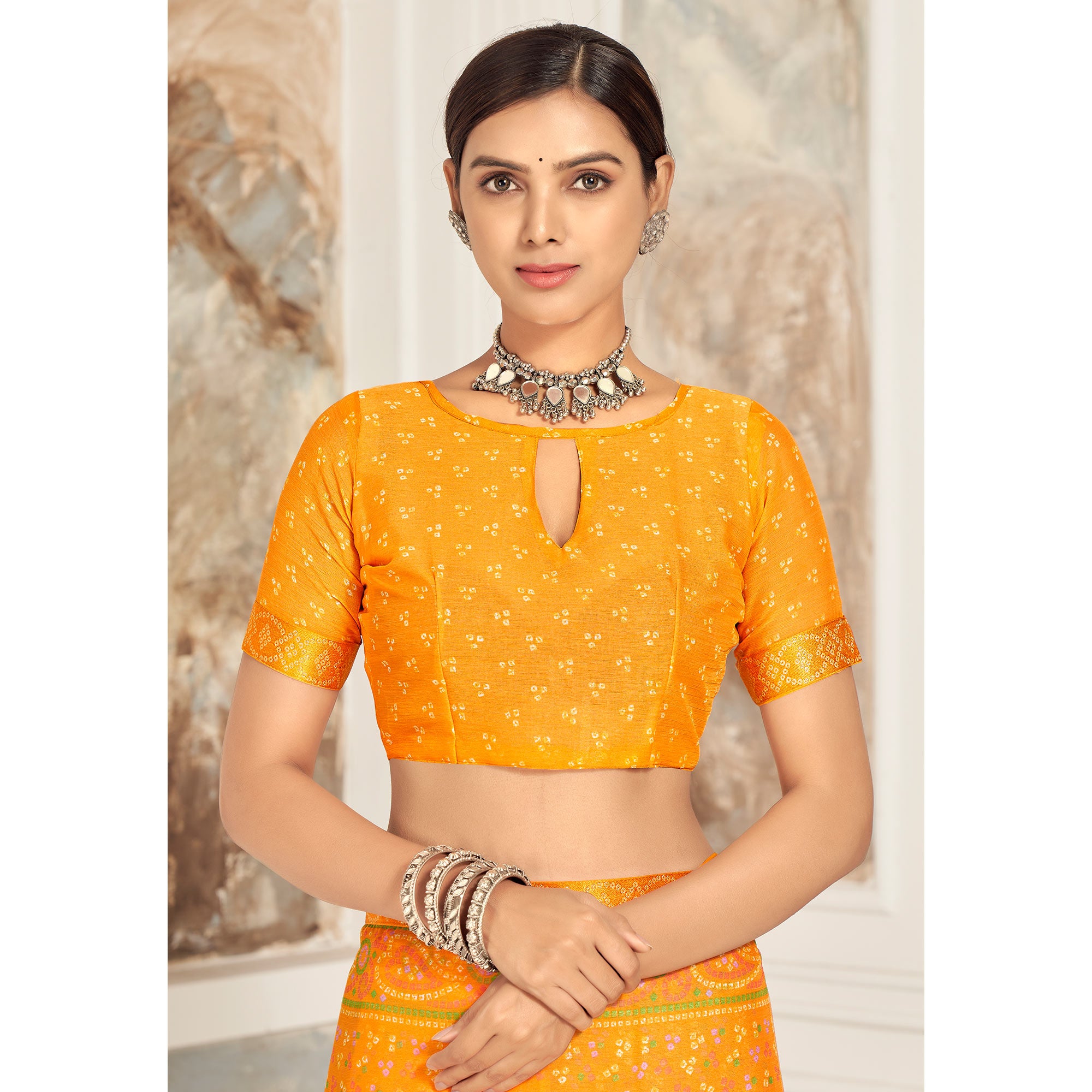 Mustard Bandhani Printed Chiffon Saree