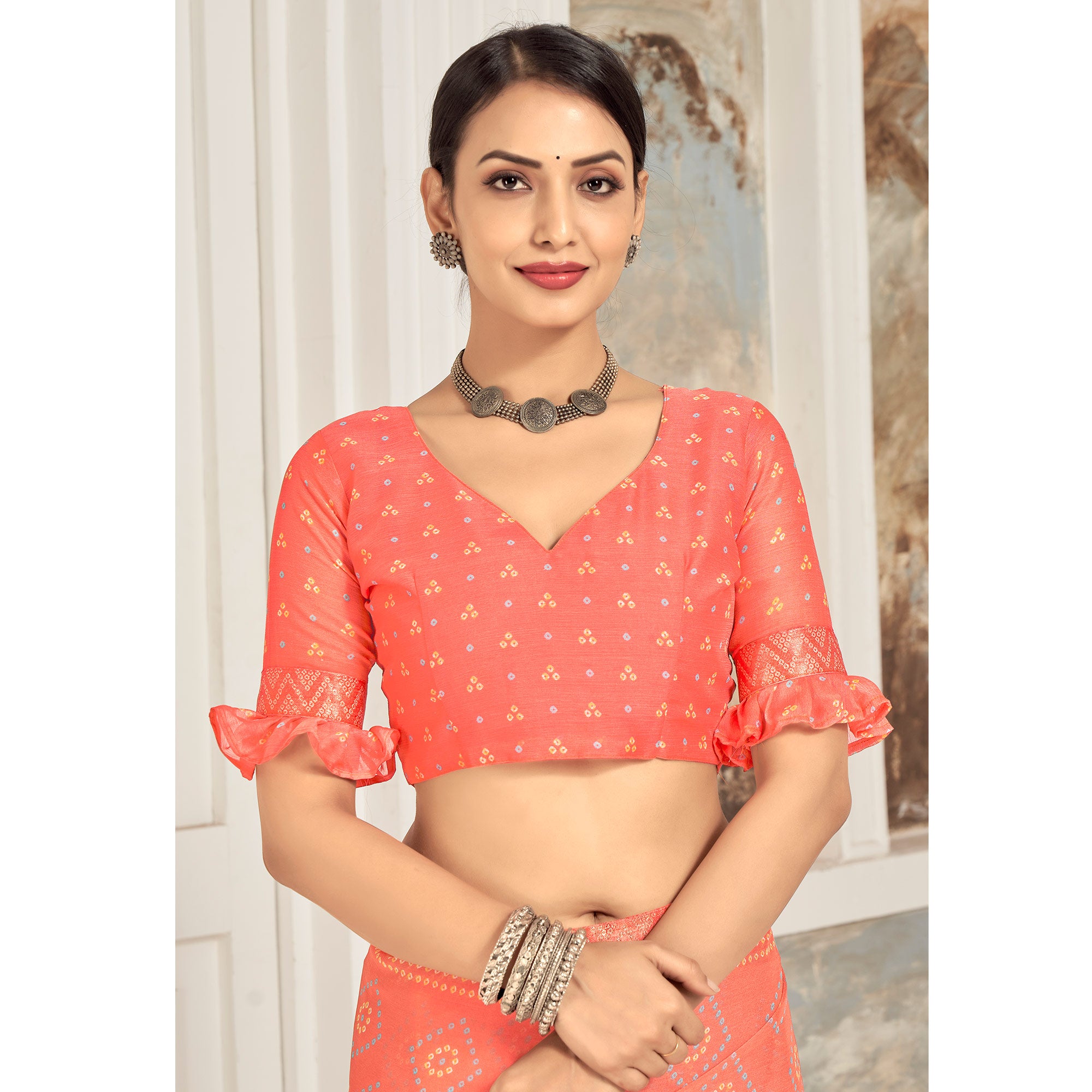 Salmon Pink Bandhani Printed Chiffon Saree