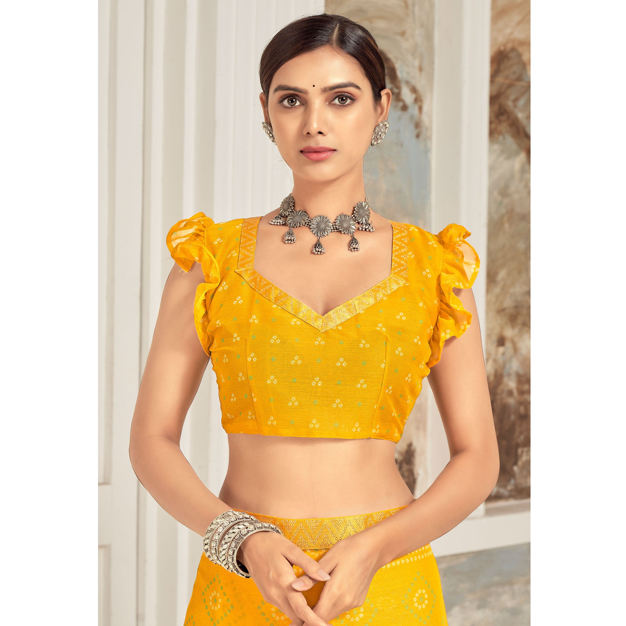 Yellow Bandhani Printed Chiffon Saree