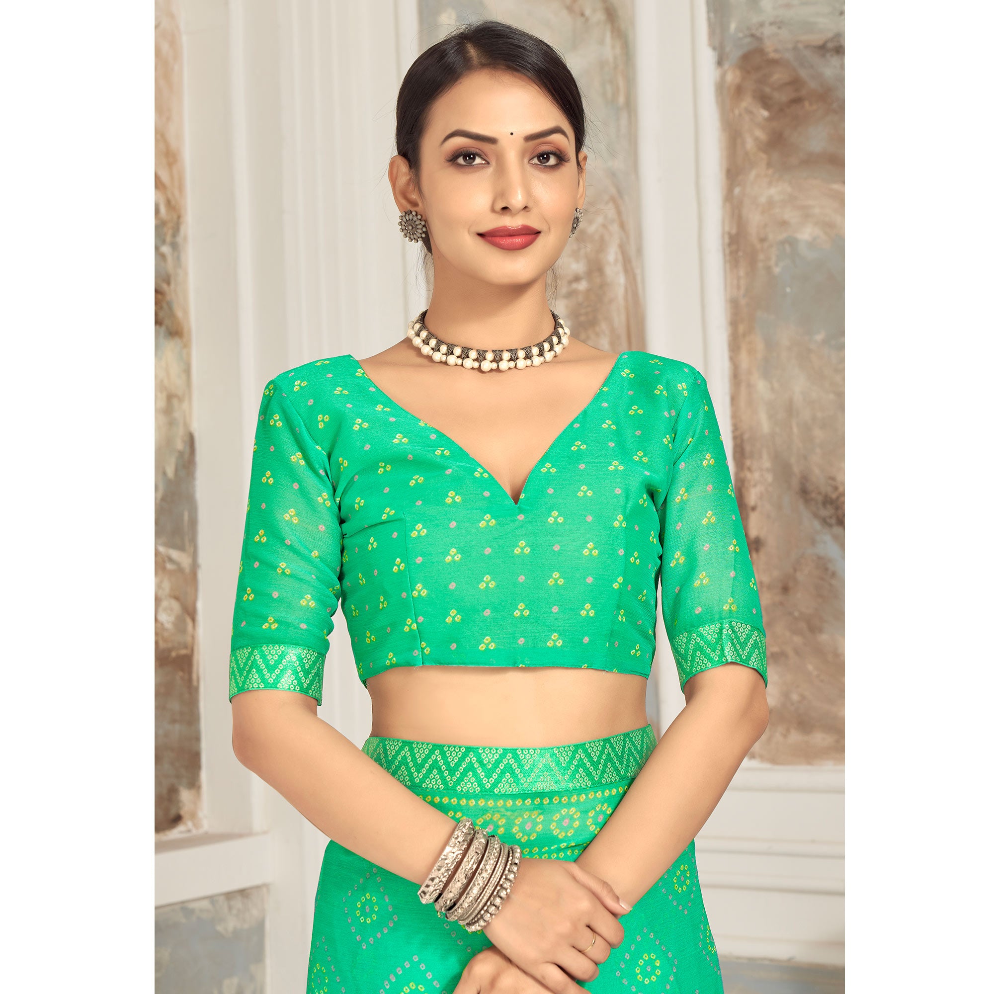 Sea Green Bandhani Printed Chiffon Saree