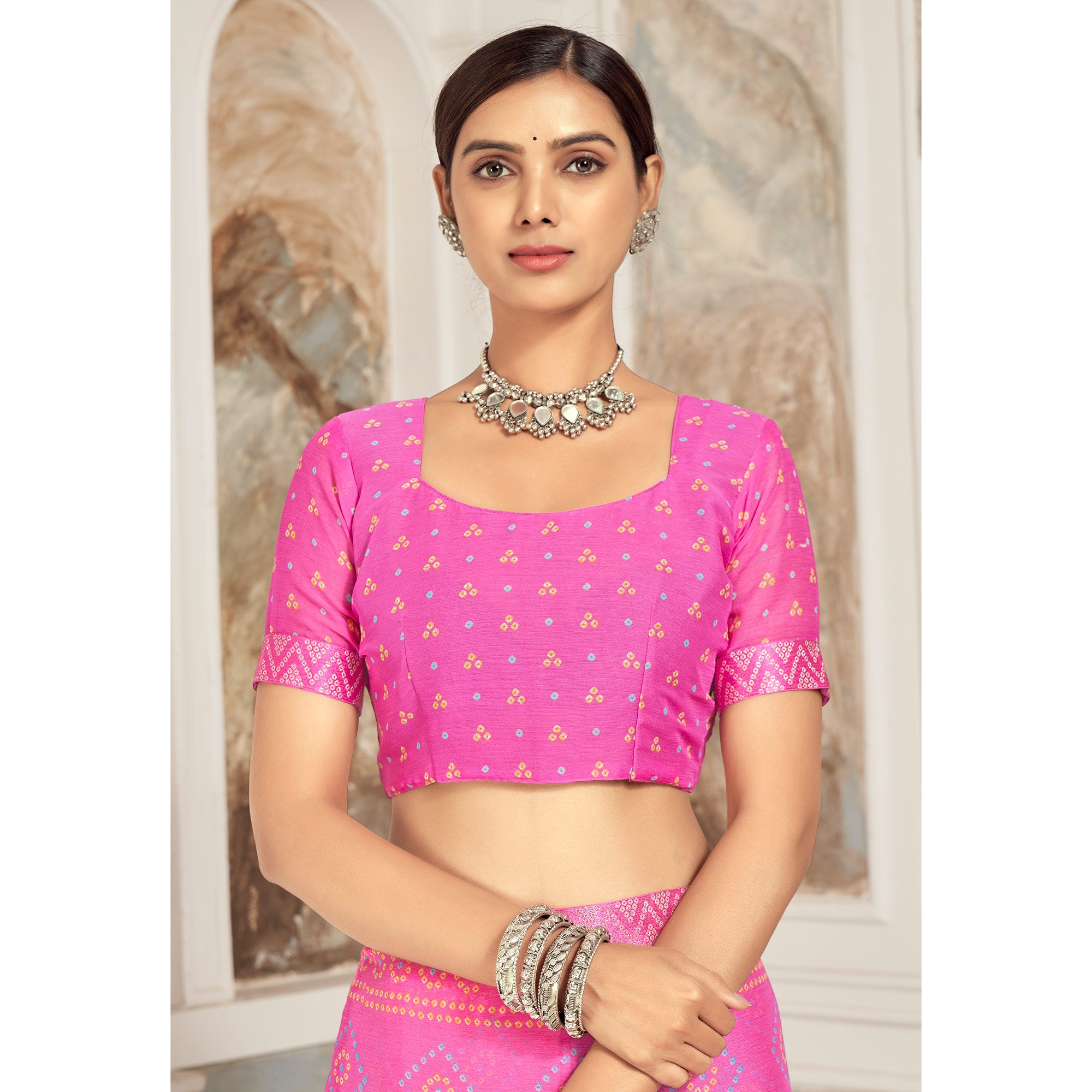 Pink Bandhani Printed Chiffon Saree