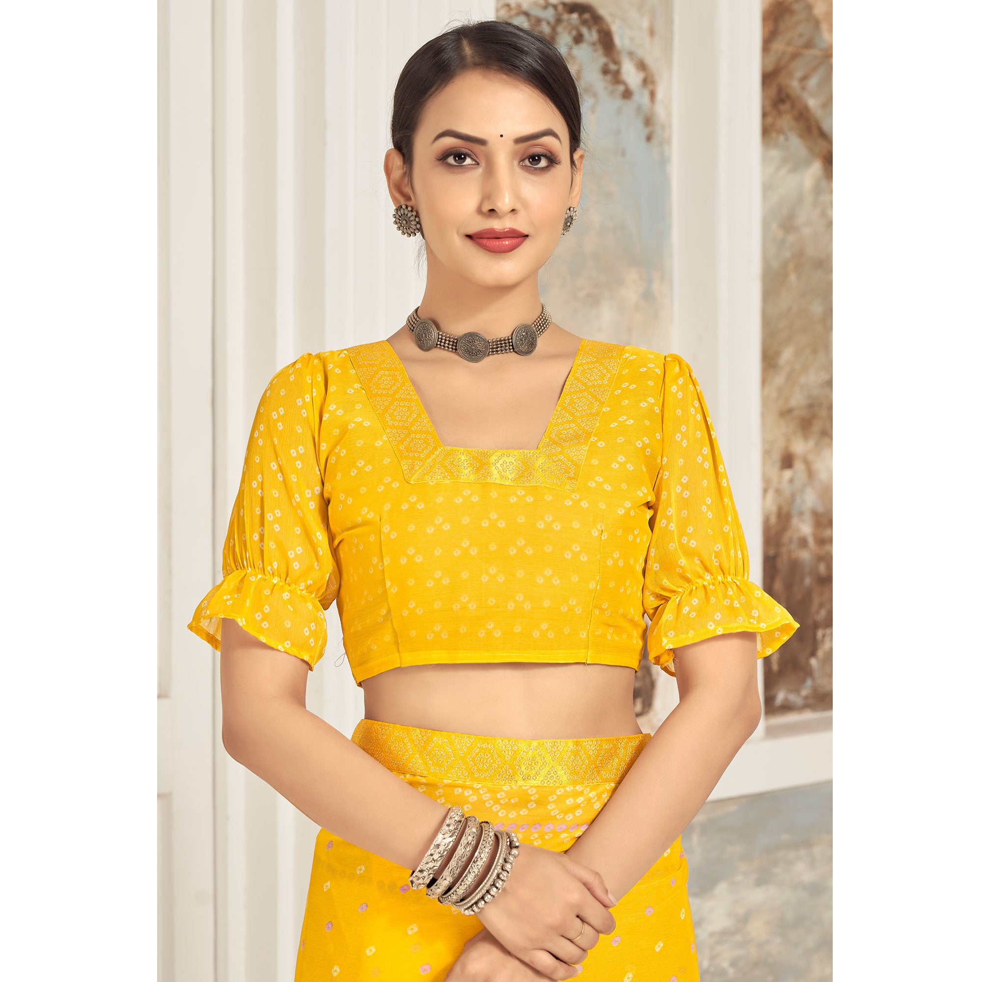 Yellow Bandhani Printed Chiffon Saree