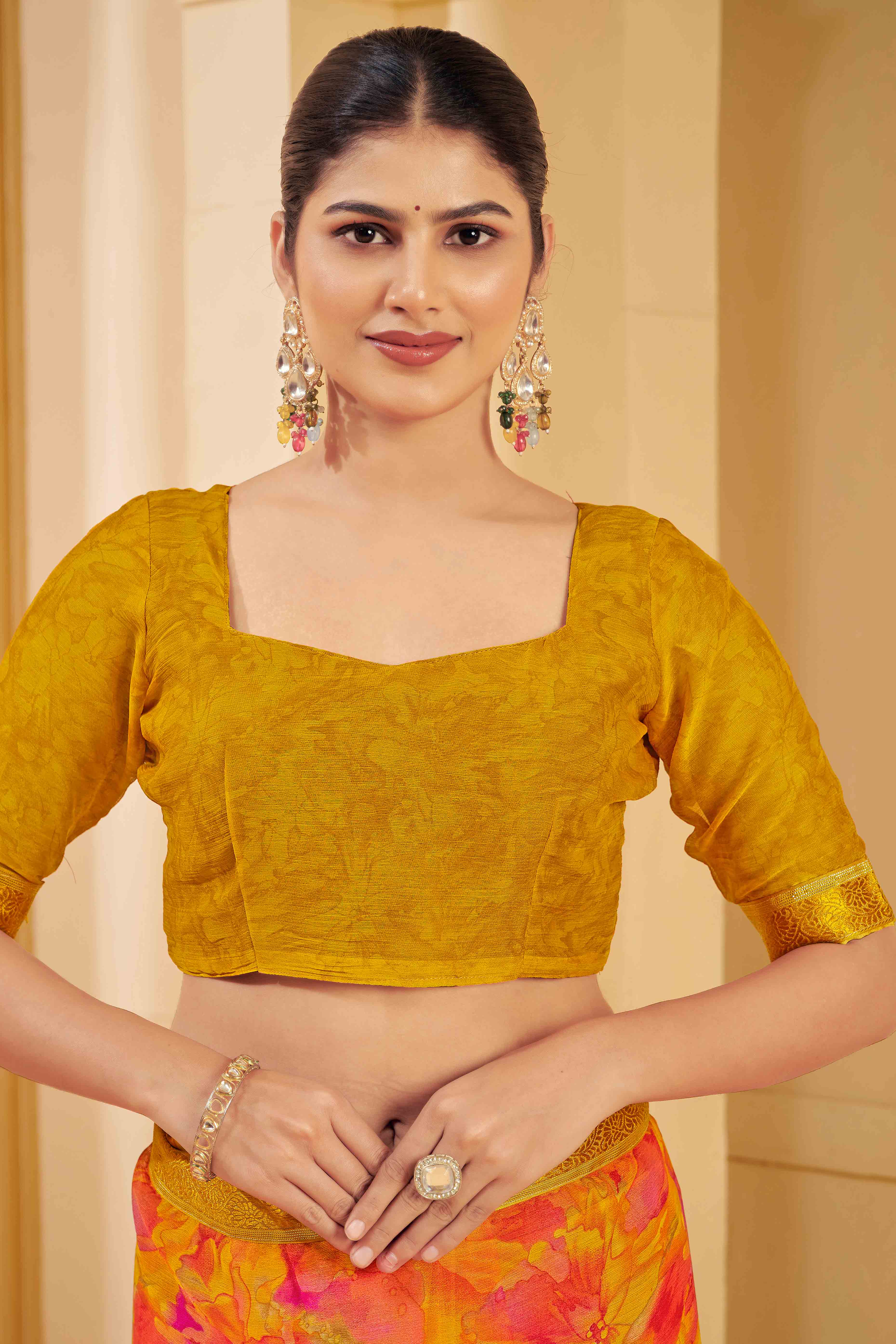 Mustard Chiffon Saree Adorned With Artistic Floral Print & Finely Crafted Woven Lace Border