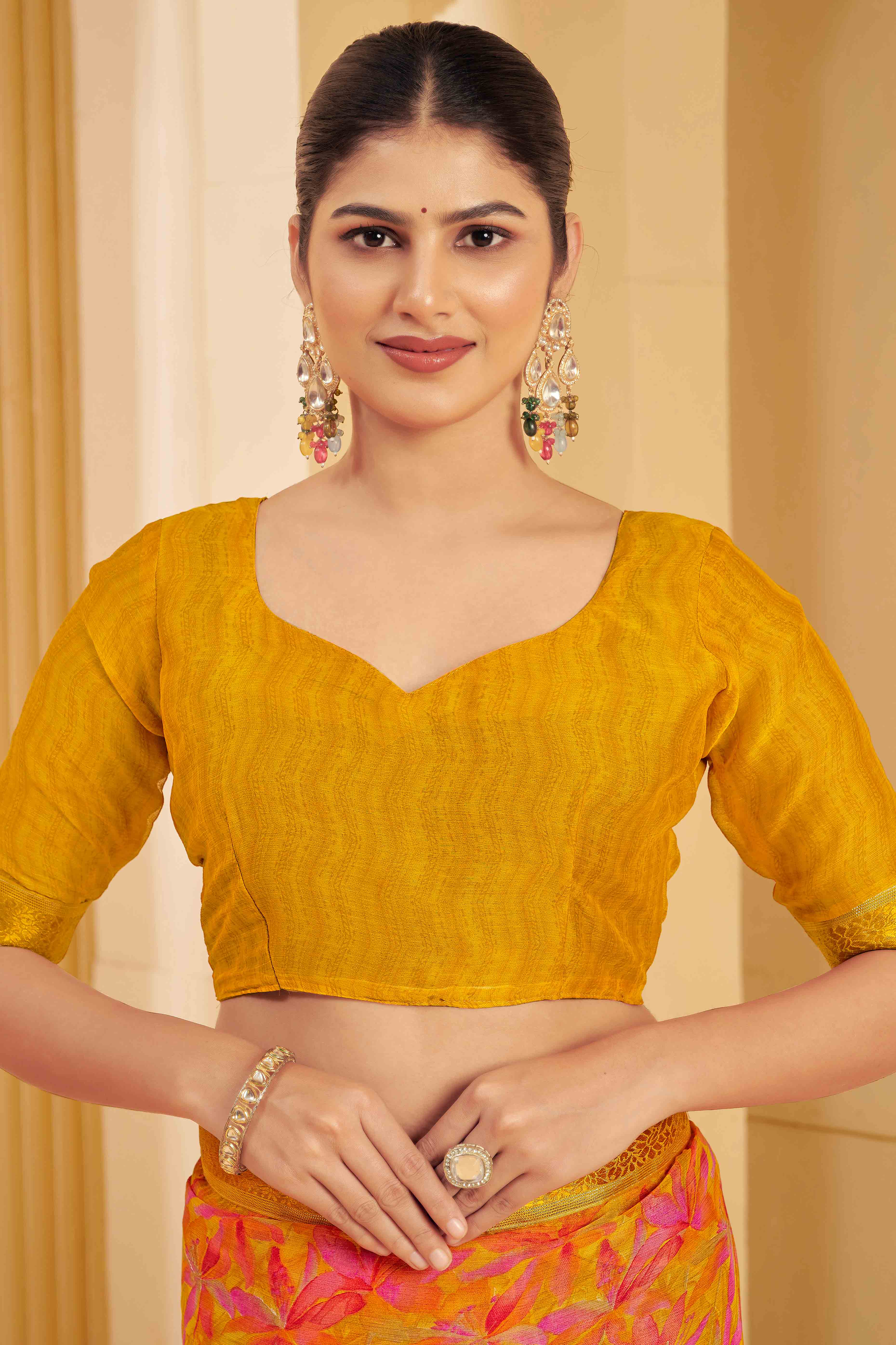 Mustard Chiffon Saree Adorned With Artistic Floral Print & Finely Crafted Woven Lace Border