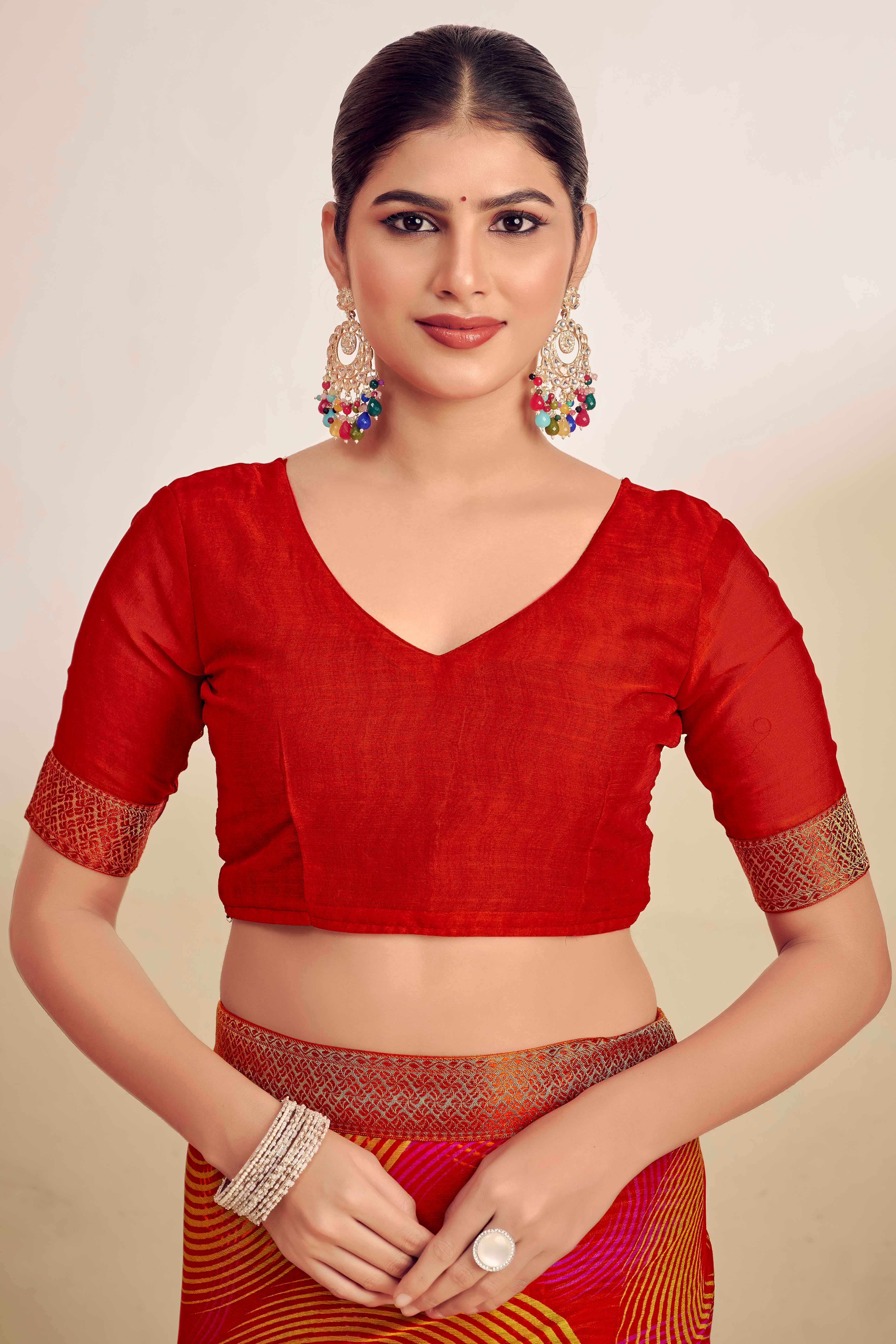 Red Chiffon Saree Adorned With Artistic Print & Finely Crafted Woven Lace Border