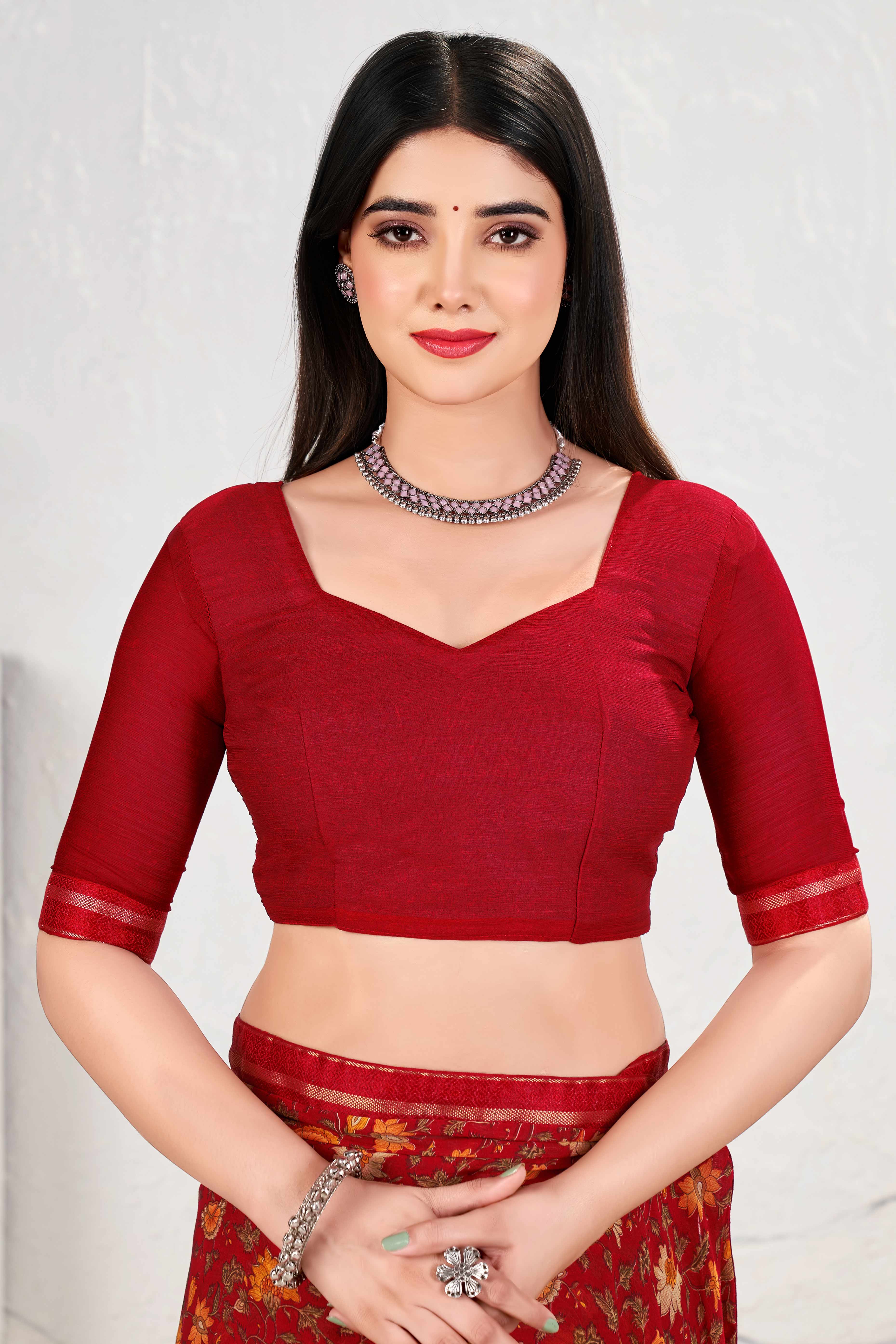 Refreshing Floral Printed Chiffon Saree In Maroon With Delicate Lace Border