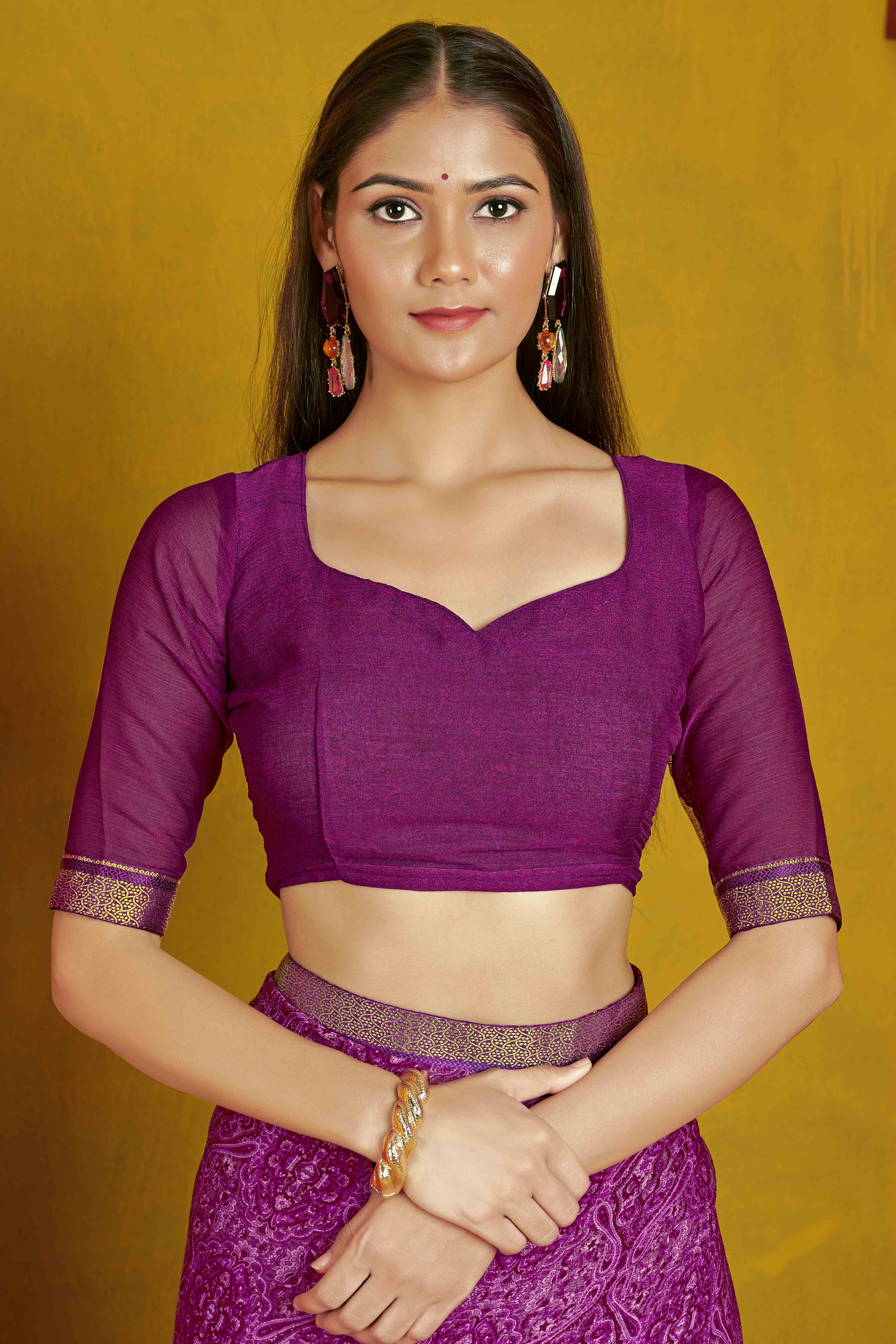 Floral Printed Chiffon Saree in Purple with Elegant Lace Work for Casual Occasions