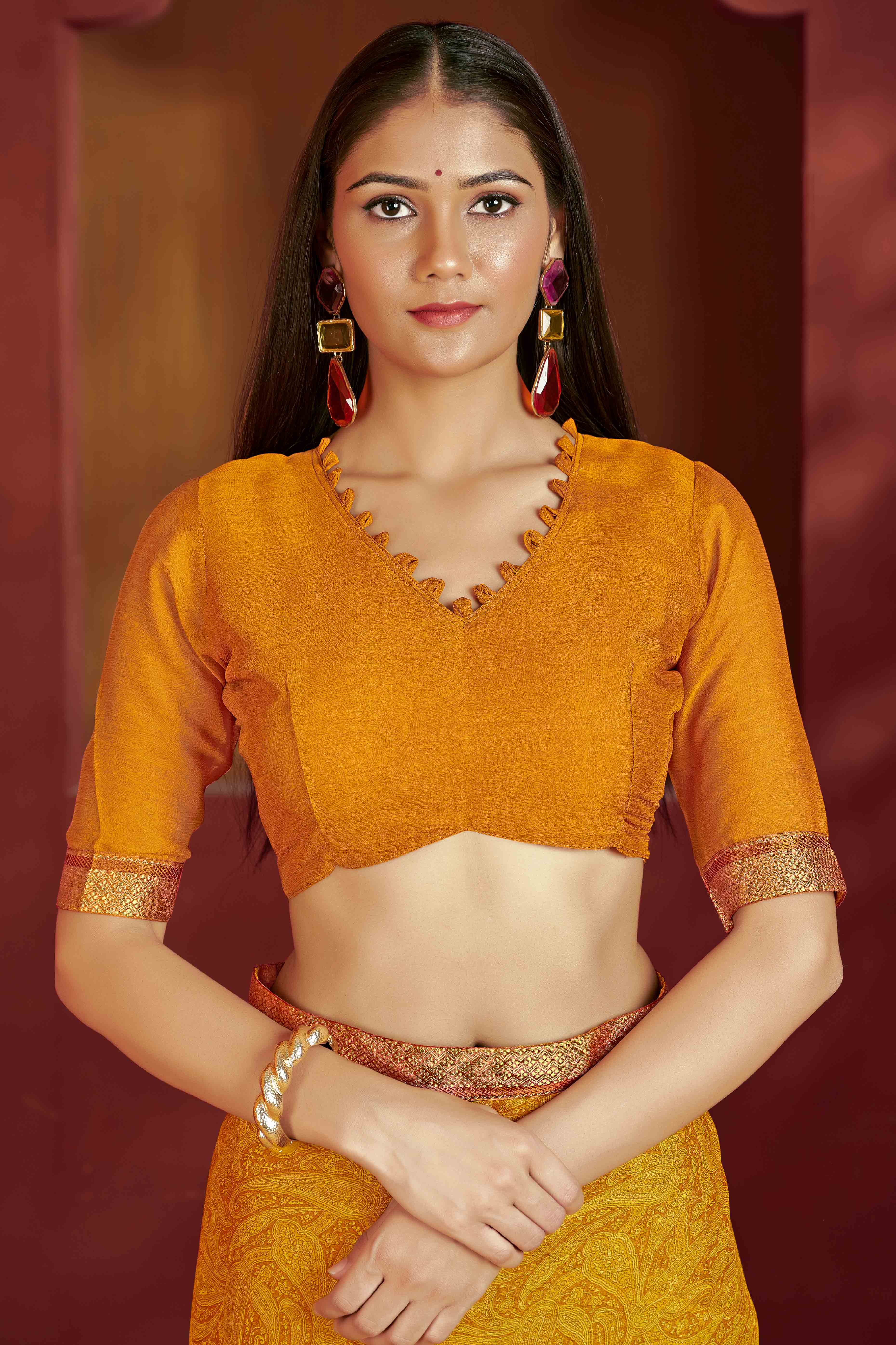 Floral Printed Chiffon Saree in Mustard with Elegant Lace Work for Casual Occasions