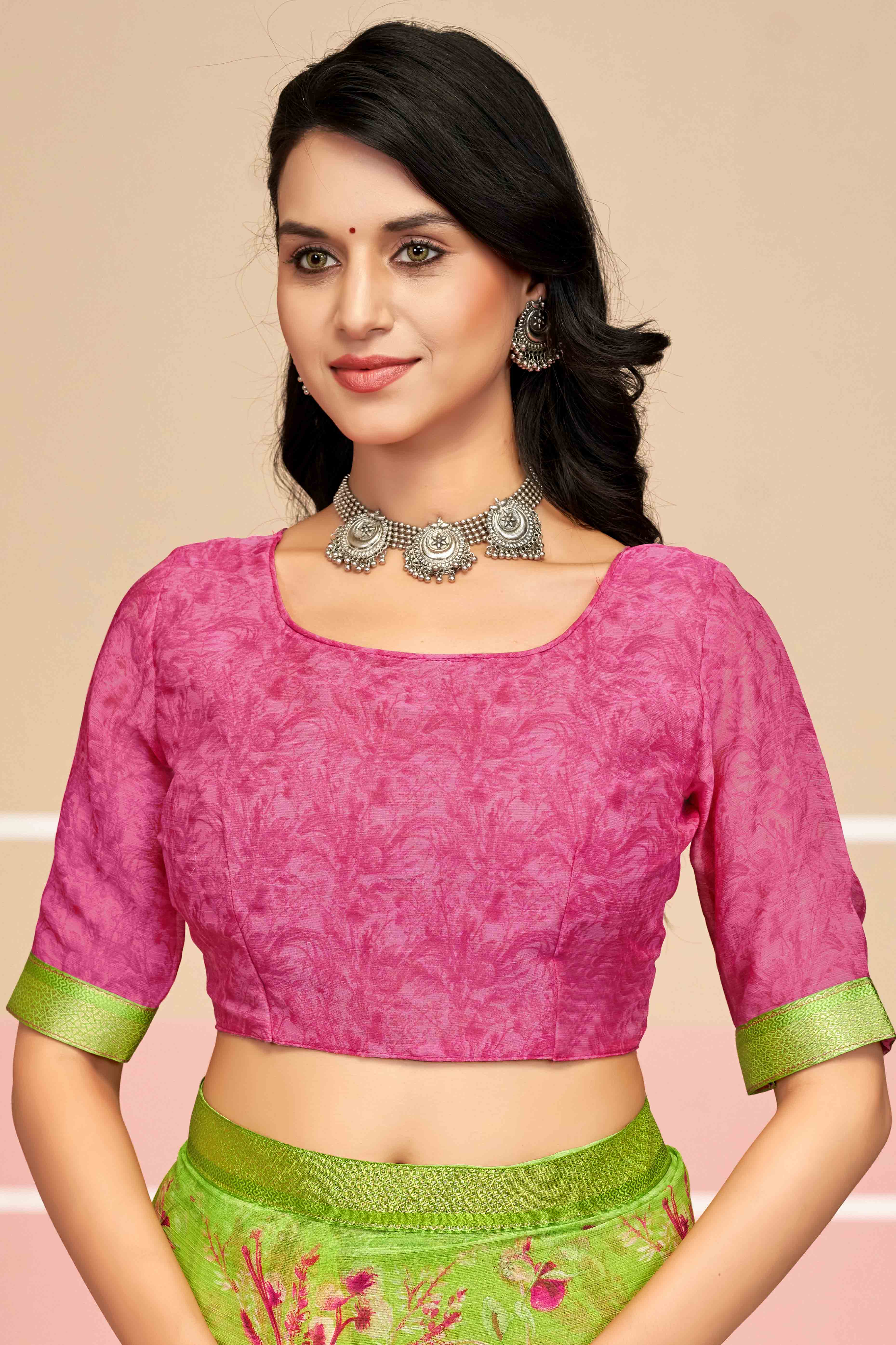 Stunning Floral Printed Chiffon Saree In Green with Delicate Woven Lace Border