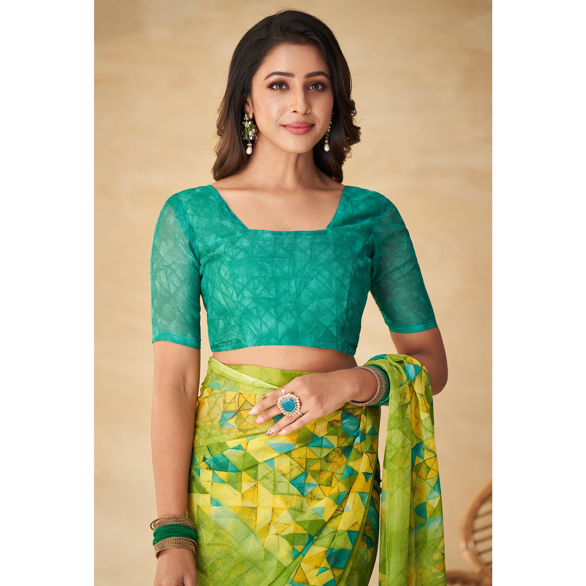 Yellow & Green Geometric Printed Chiffon Saree
