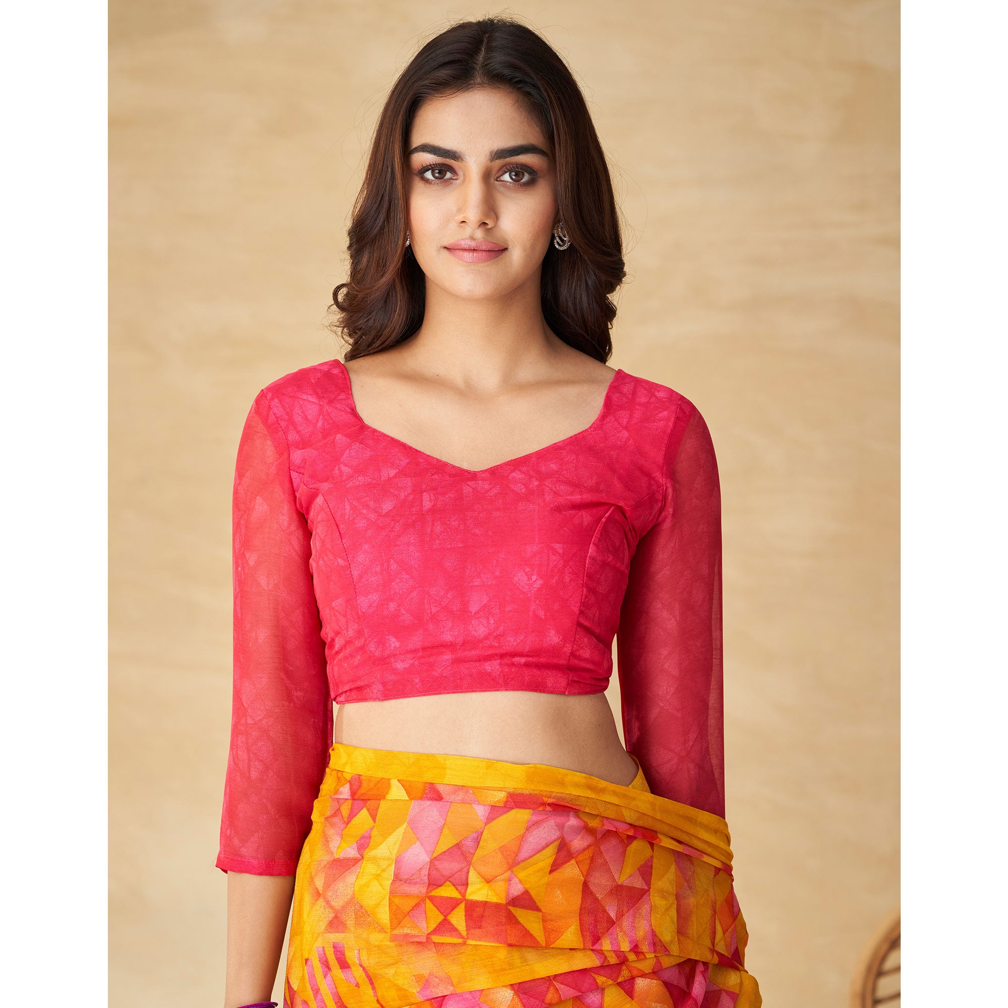 Yellow & Pink Geometric Printed Chiffon Saree