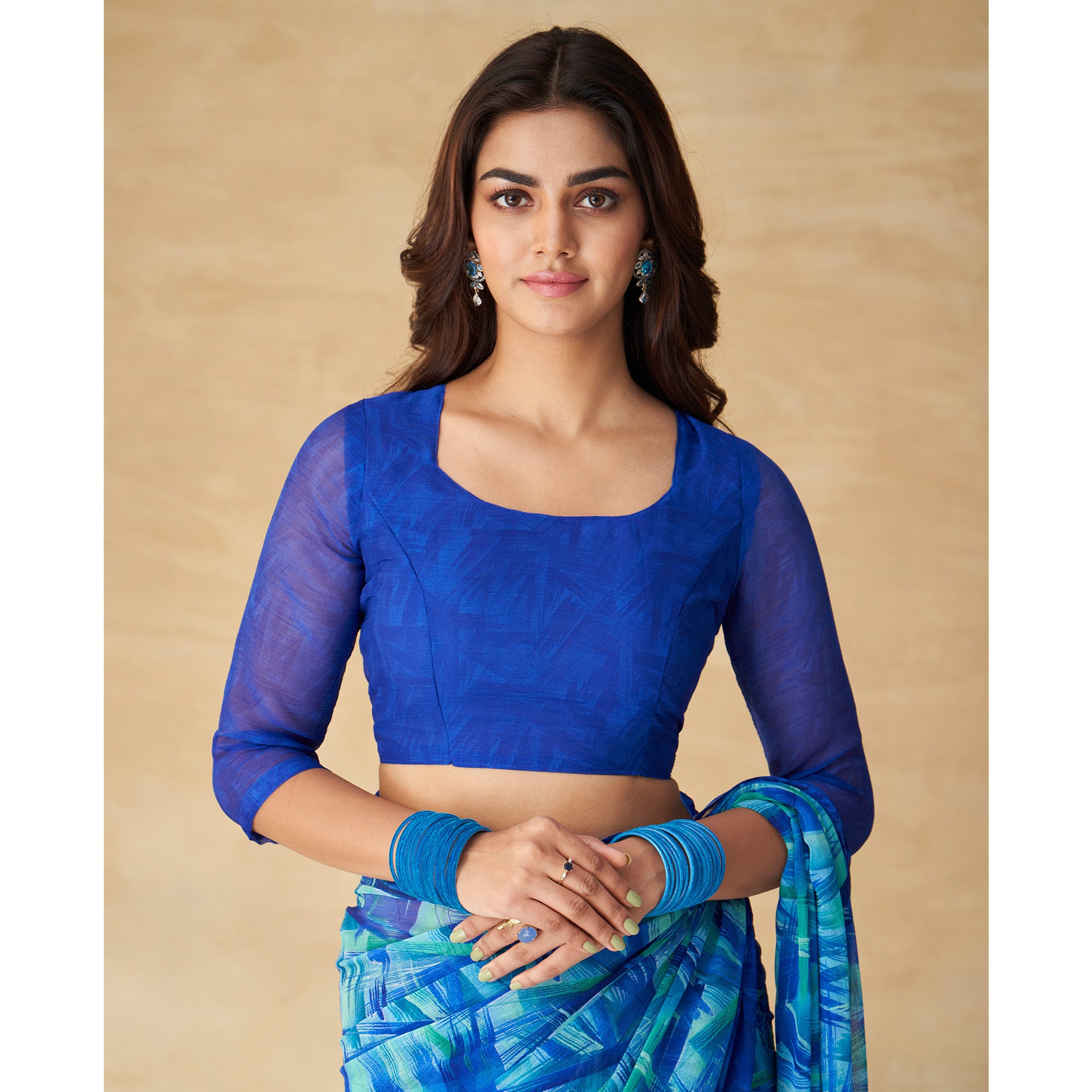 Blue Abstract Printed Chiffon Saree