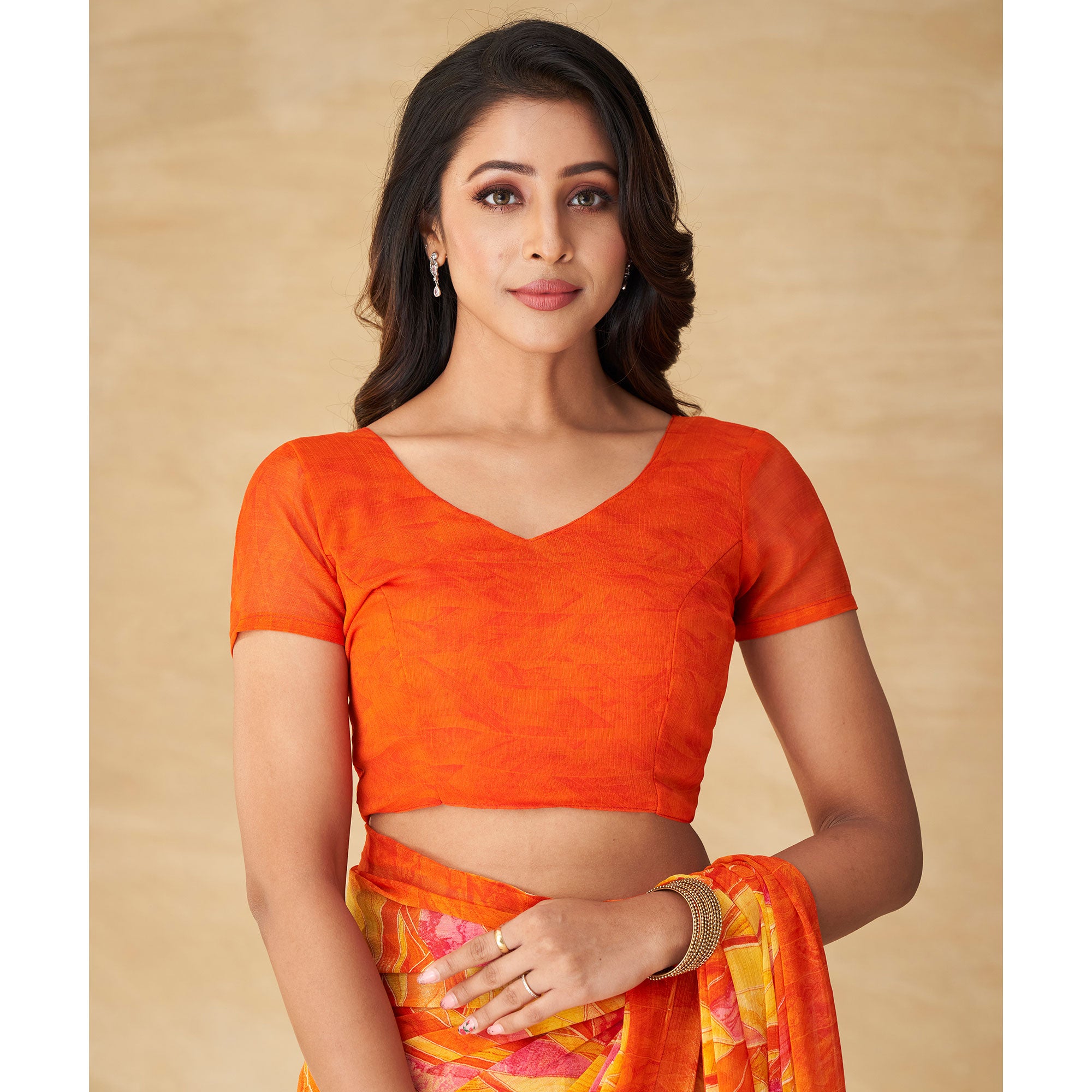 Orange Abstract Printed Chiffon Saree