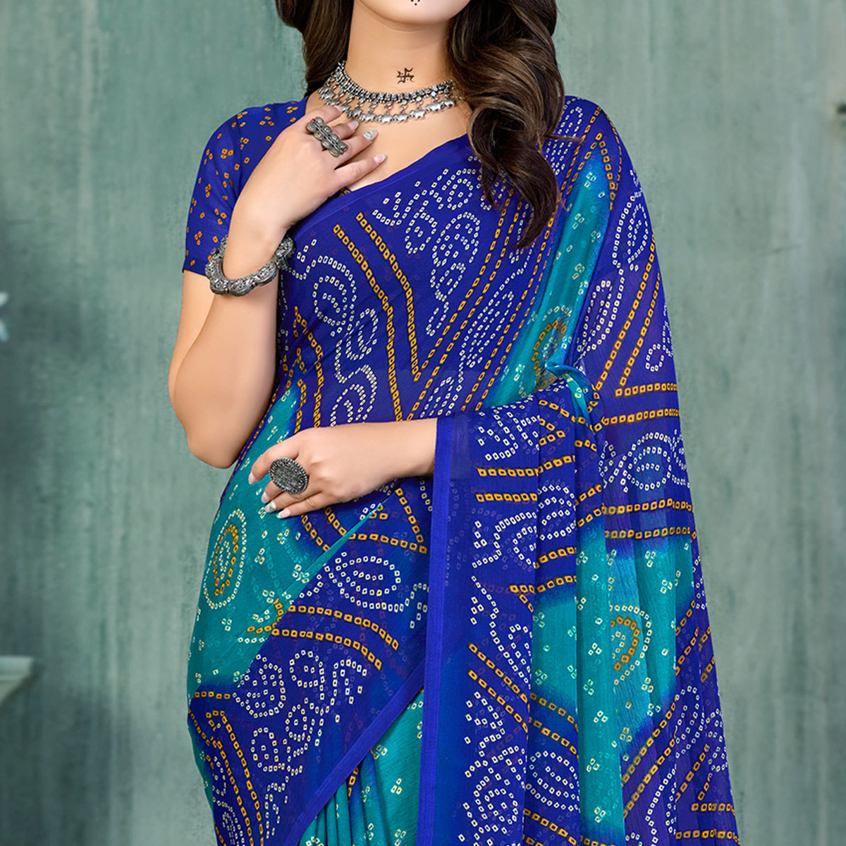 Blue & Teal Bandhani Printed Chiffon Saree