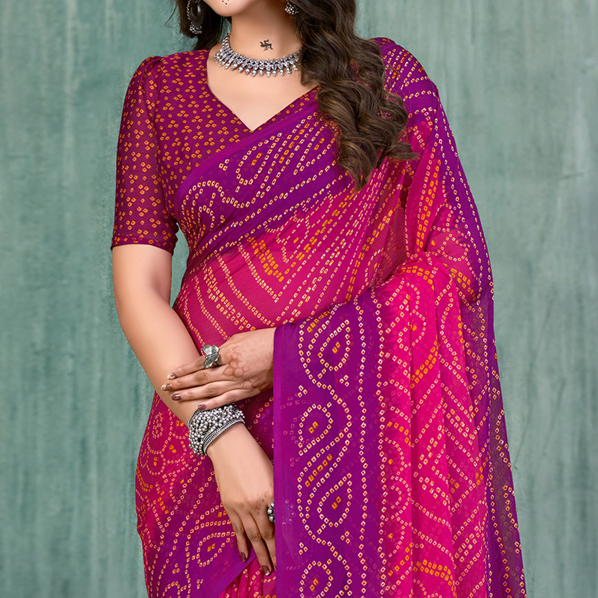 Magenta & Purple Bandhani Printed Chiffon Saree