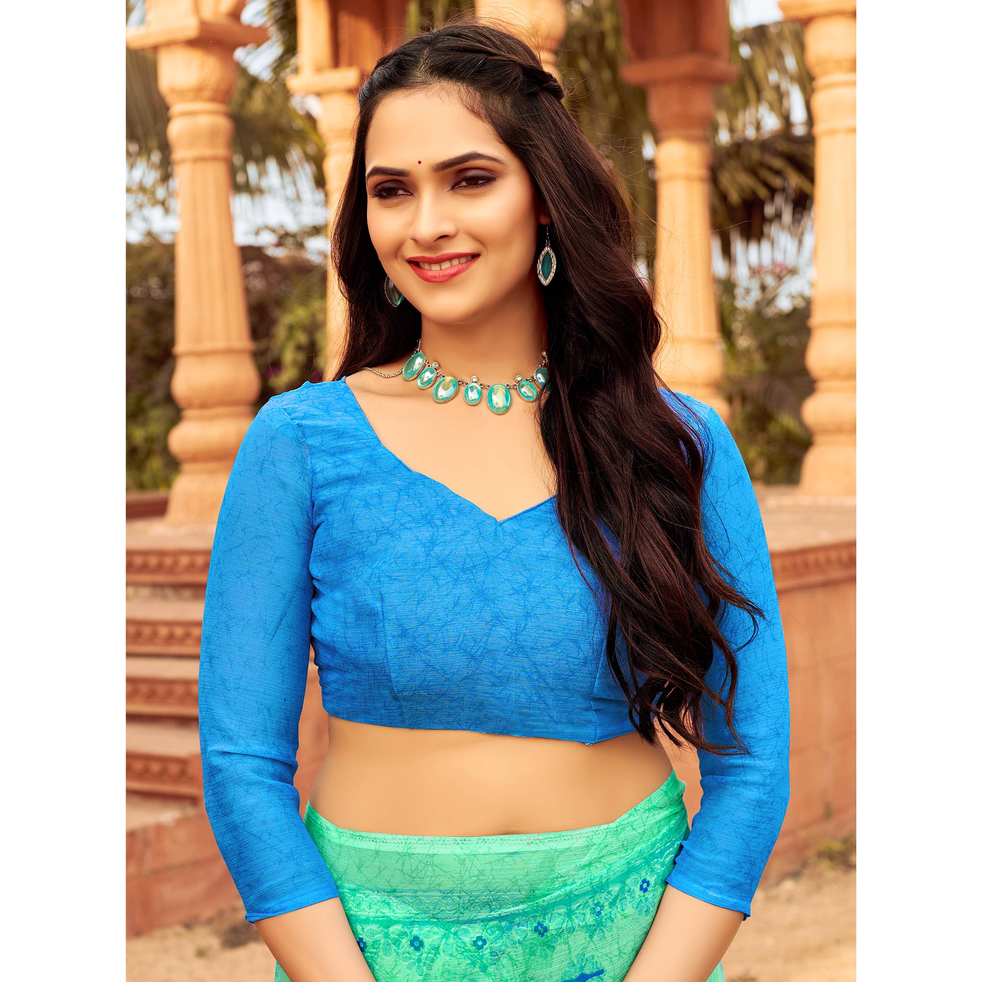 Sea Green Floral Printed Chiffon Saree