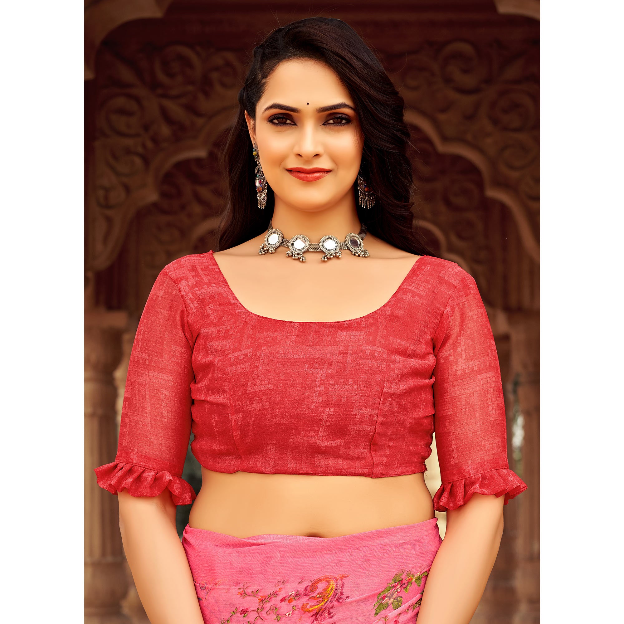 Pink Floral Printed Chiffon Saree