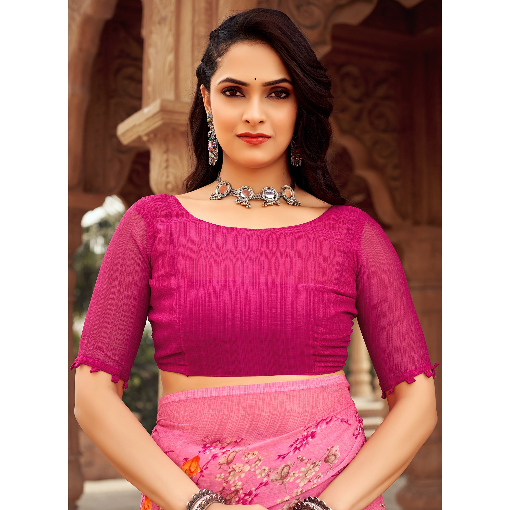 Pink Floral Printed Chiffon Saree
