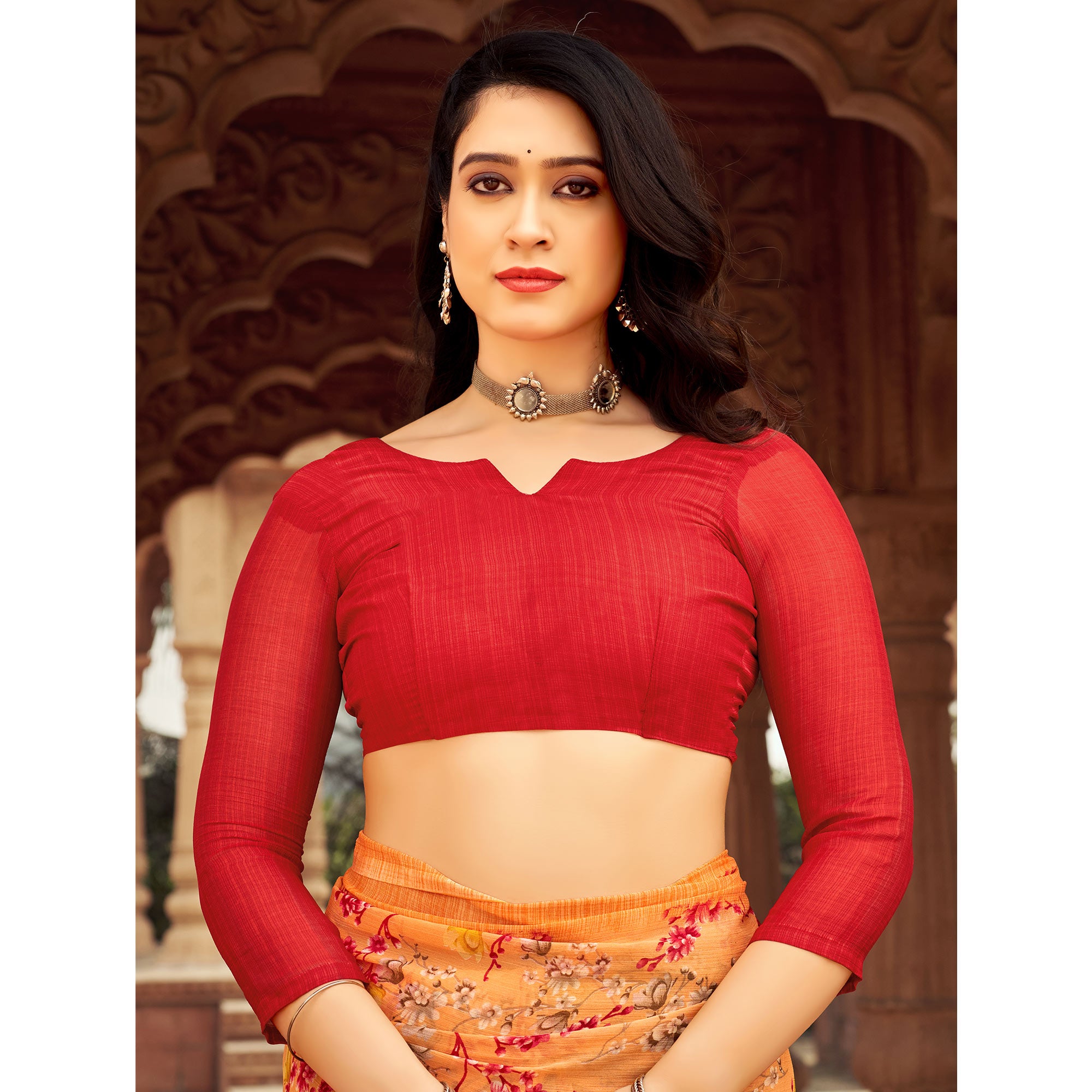 Orange Floral Printed Chiffon Saree