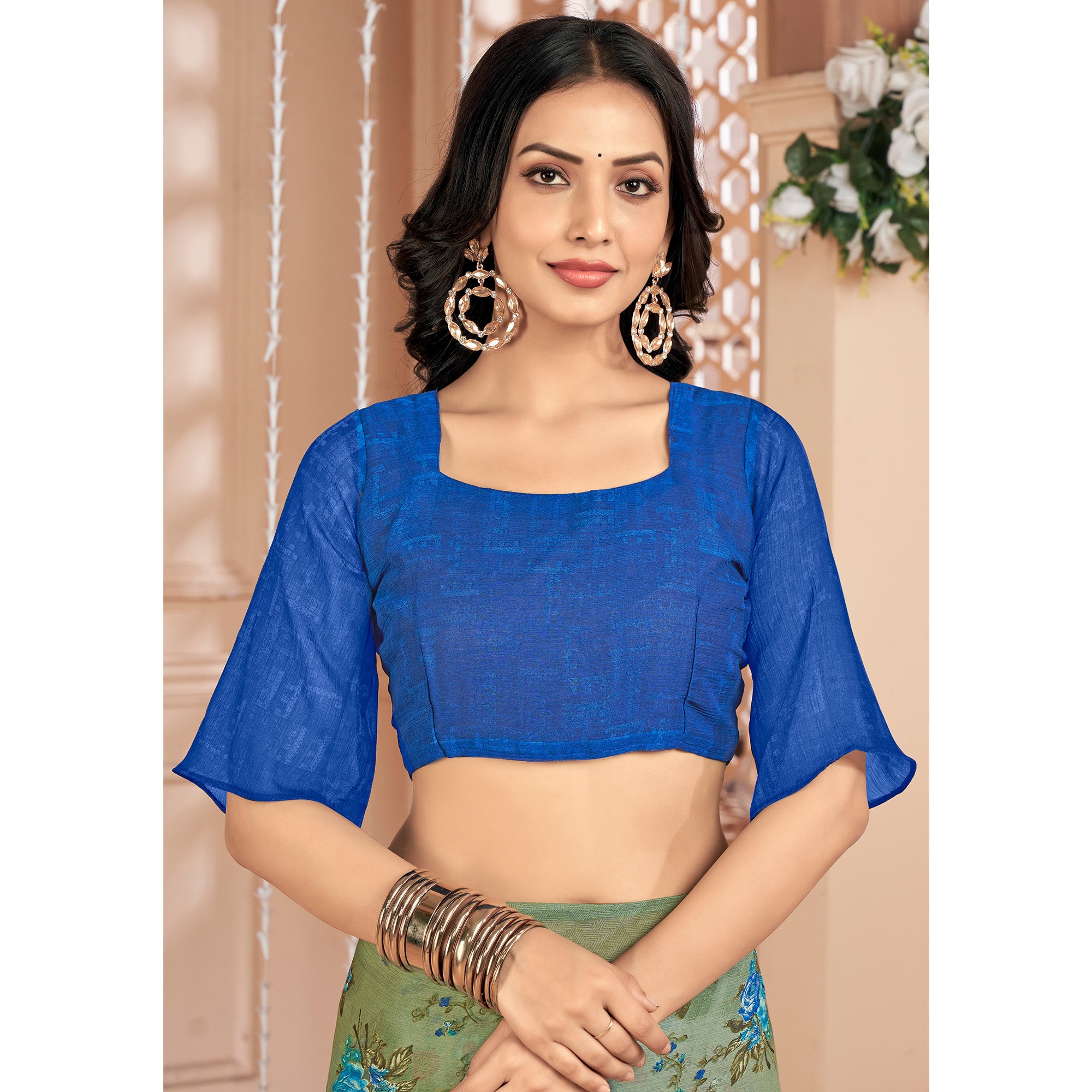 Olive Green Floral Printed Chiffon Saree