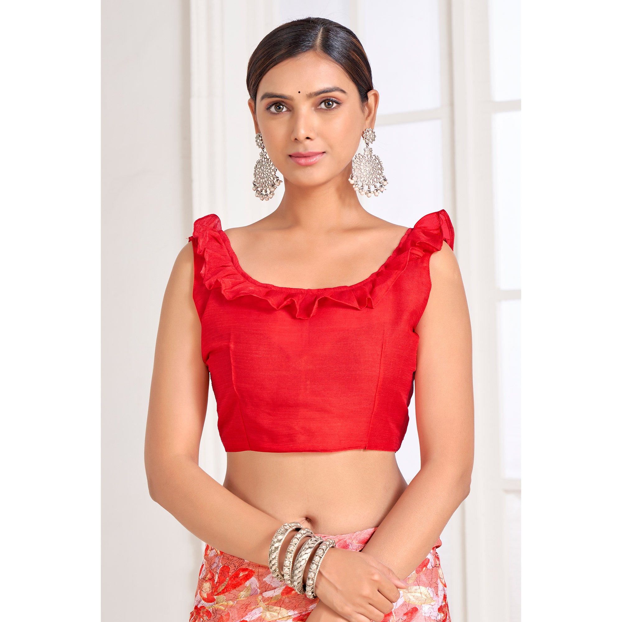 Red Floral Printed Chiffon Saree