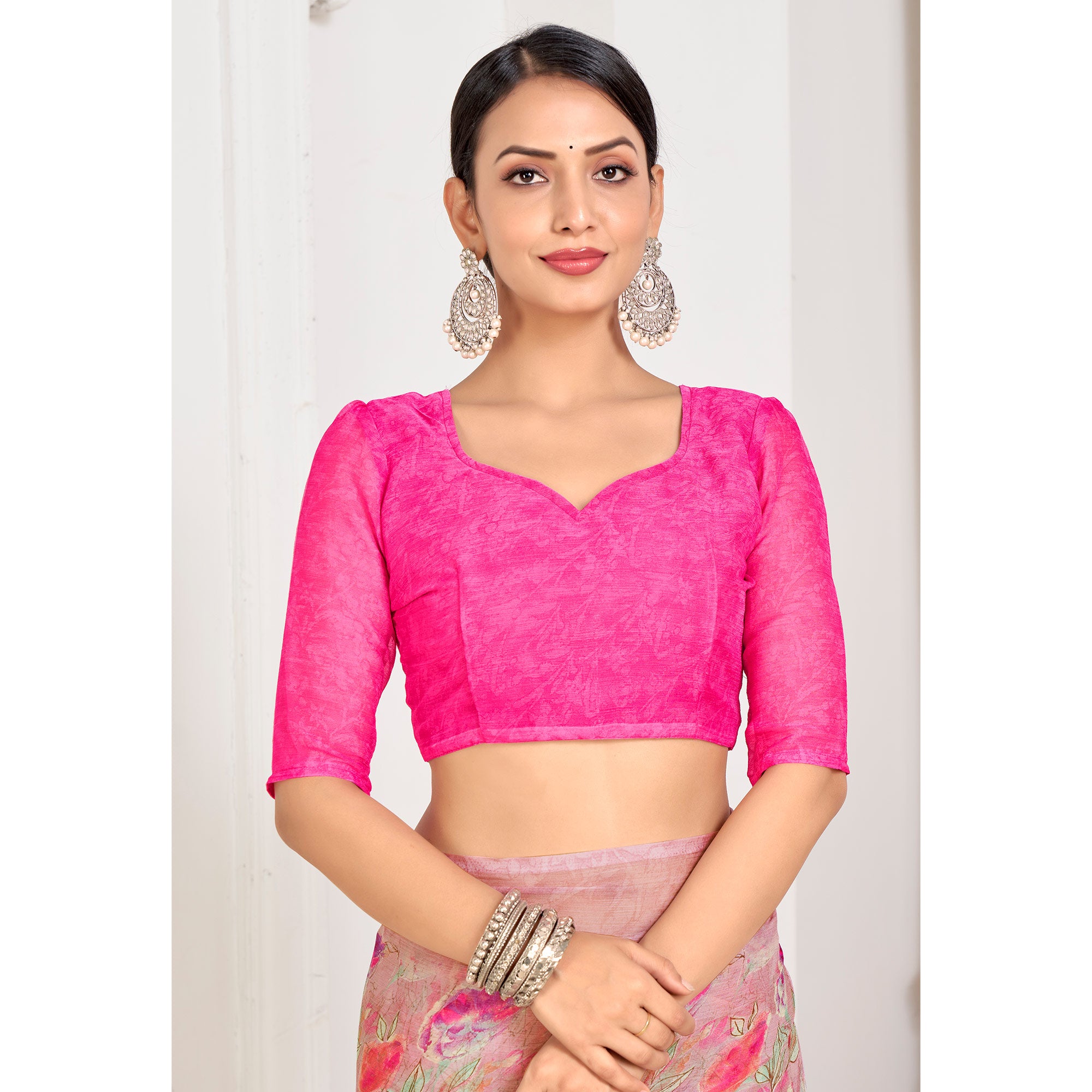 Pink Floral Printed Chiffon Saree