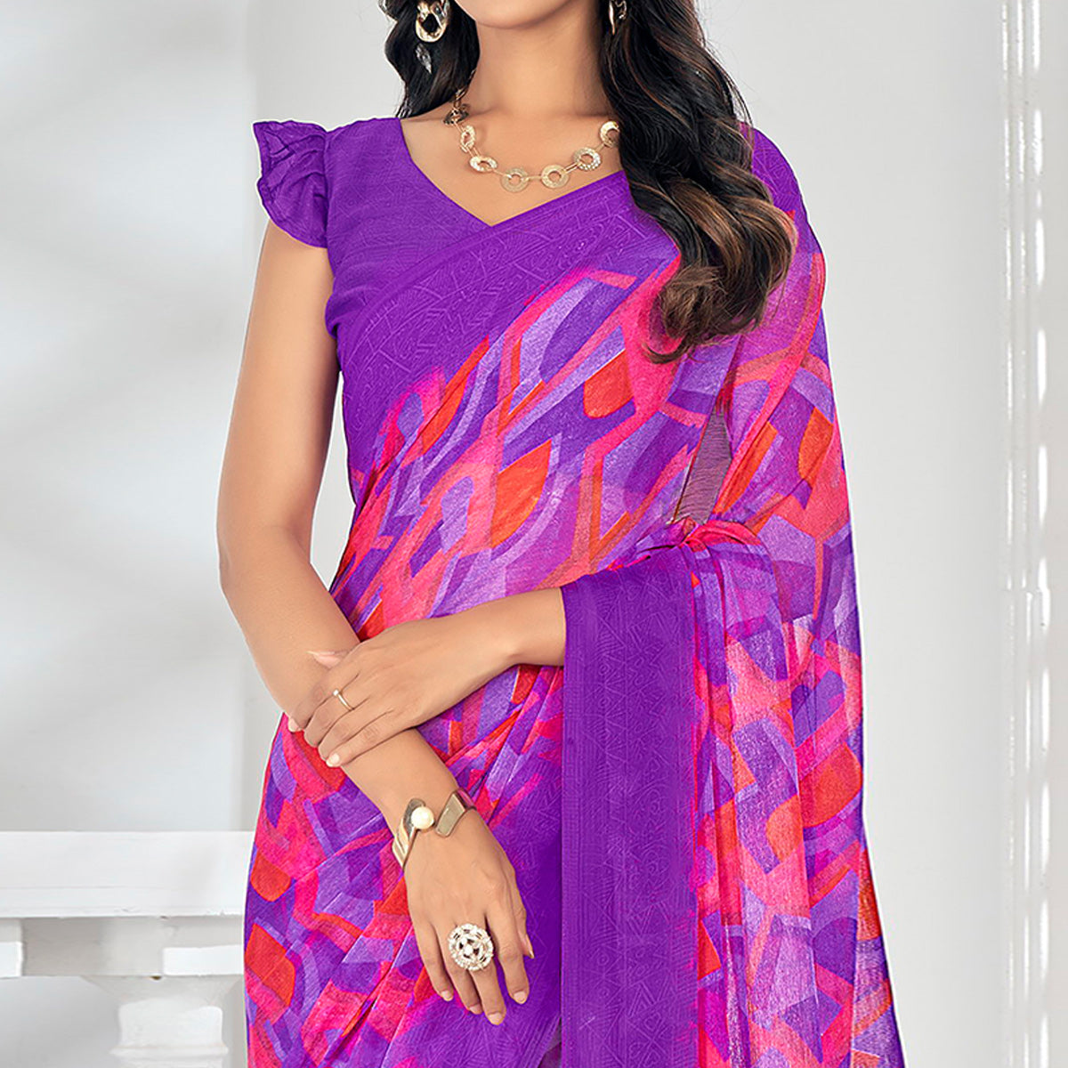 Purple Printed Chiffon Saree