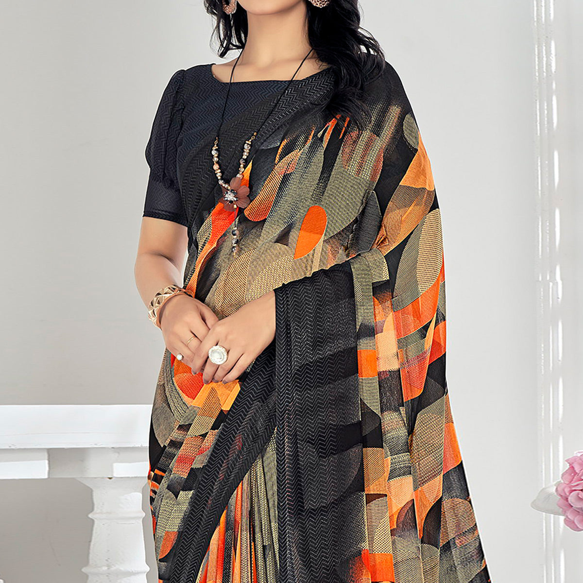 Black & Orange Printed Chiffon Saree