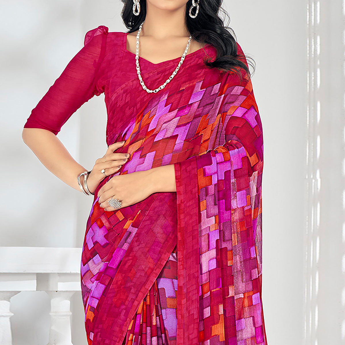 Rani pink Printed Chiffon Saree