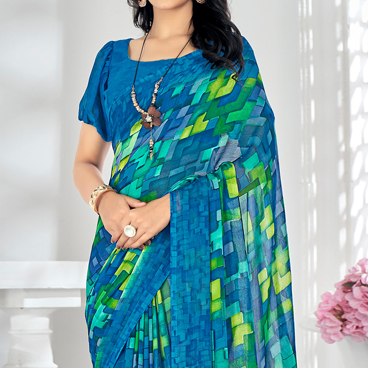 Blue Printed Chiffon Saree