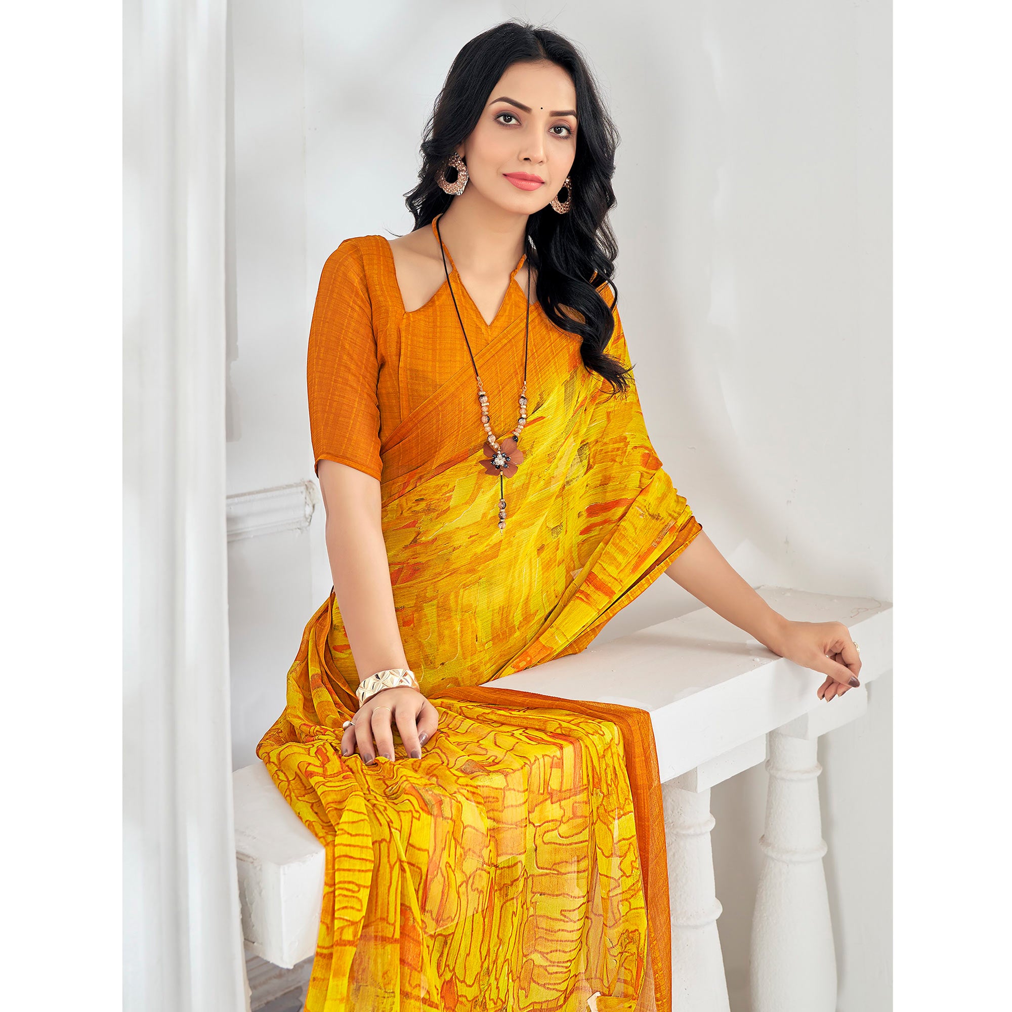 Yellow Printed Chiffon Saree