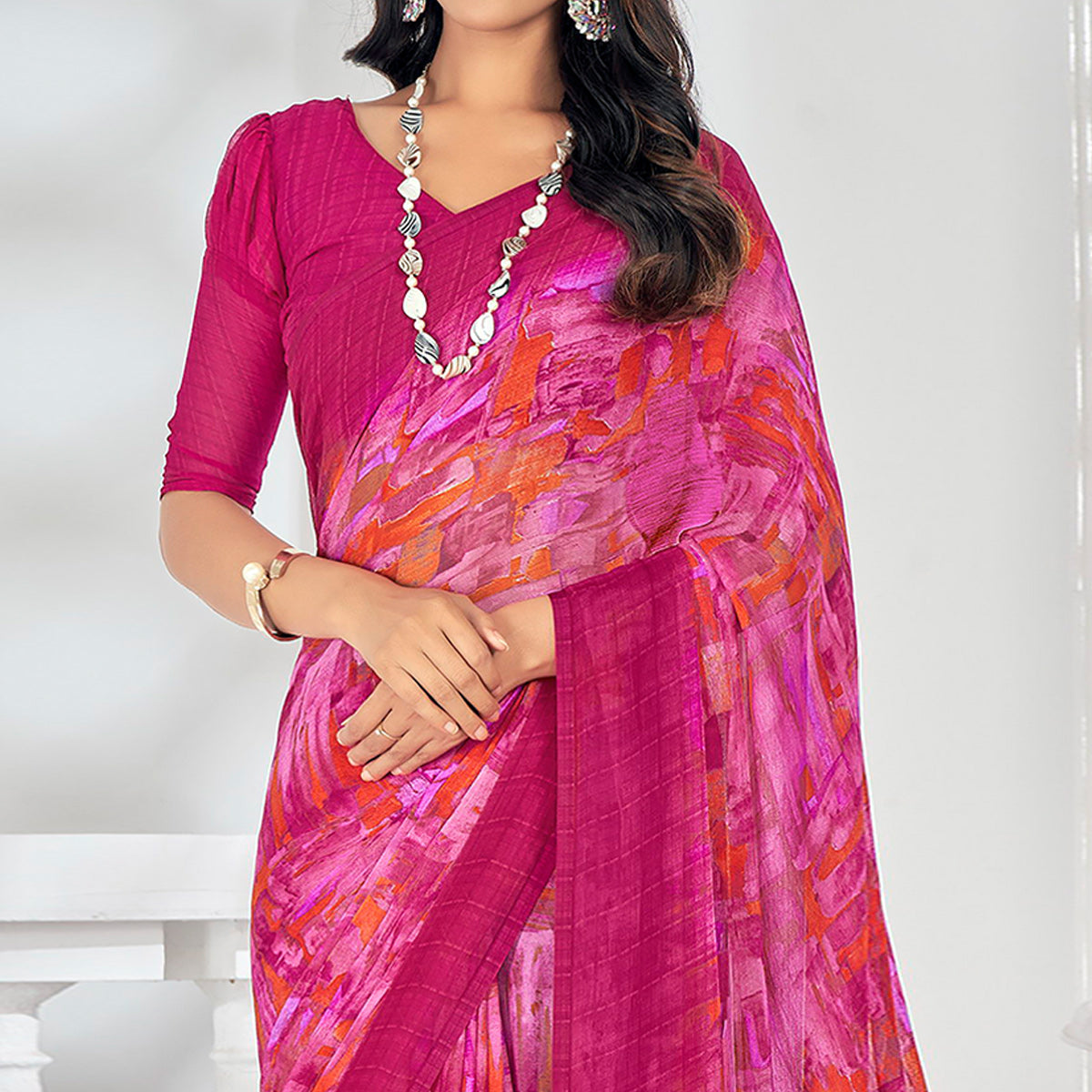 Pink Printed Chiffon Saree