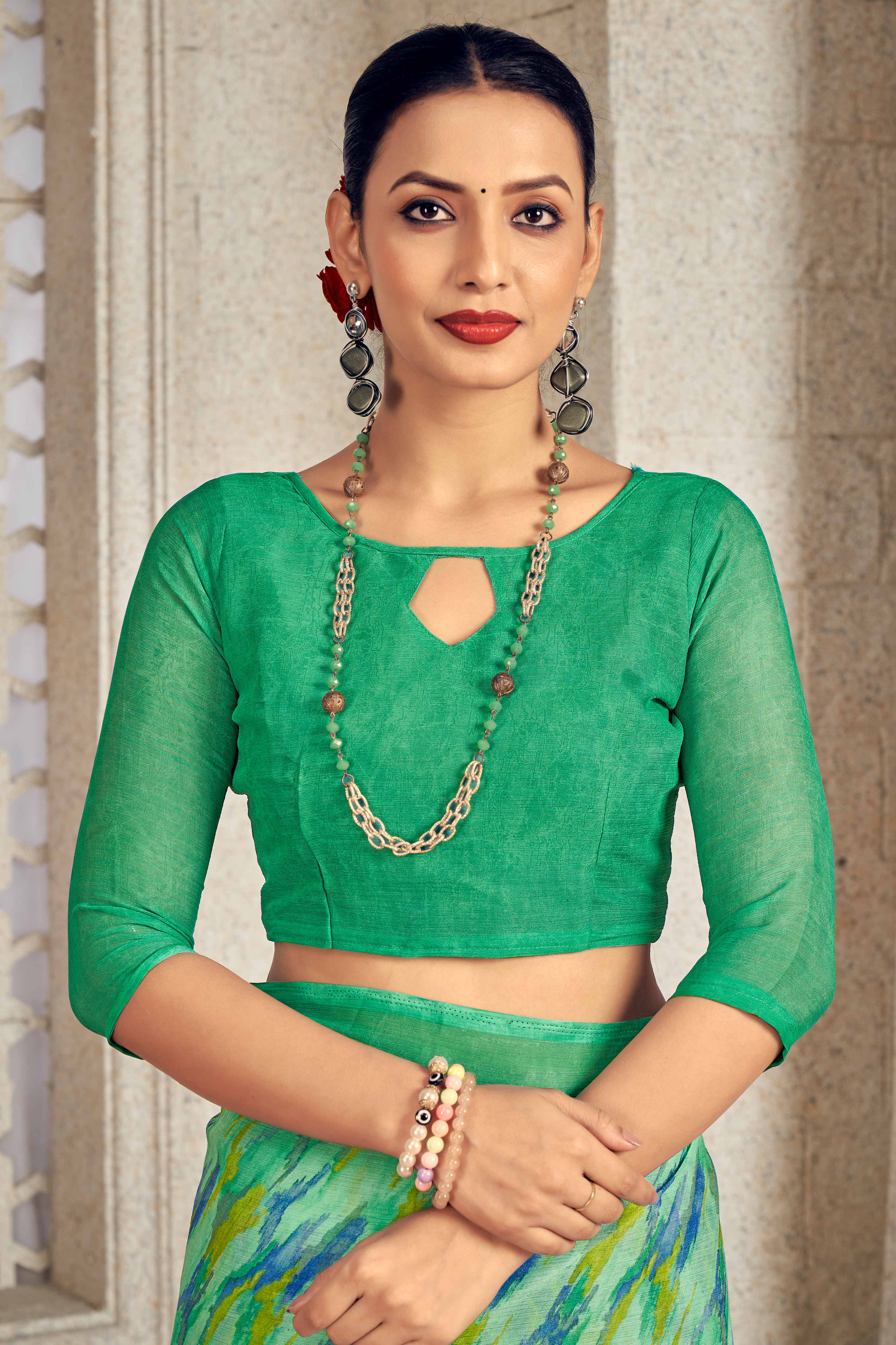 Refreshing Green Chiffon Saree With Modern Abstract Print