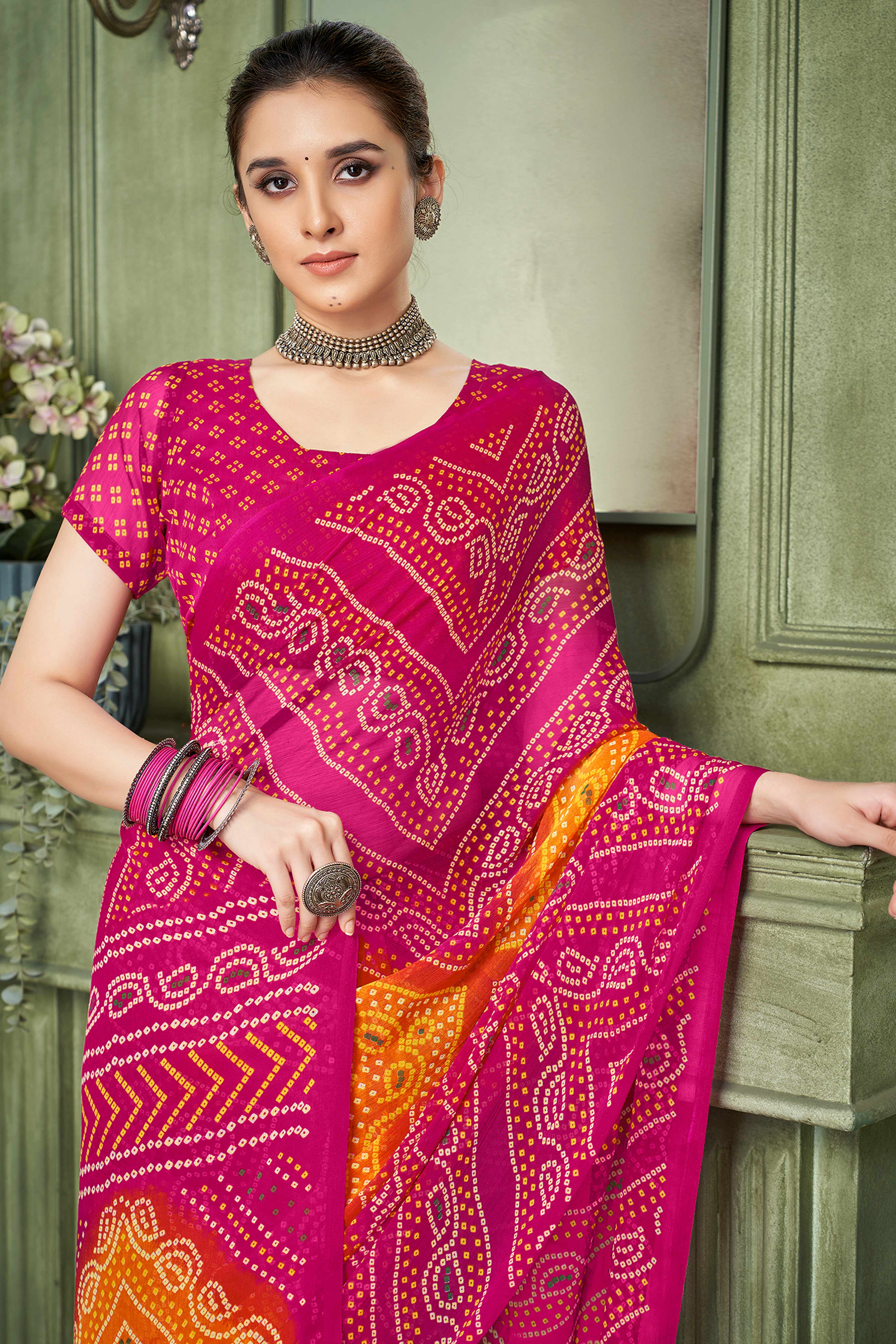 Magenta Chiffon Saree Adorned With Traditional Bandhani Print