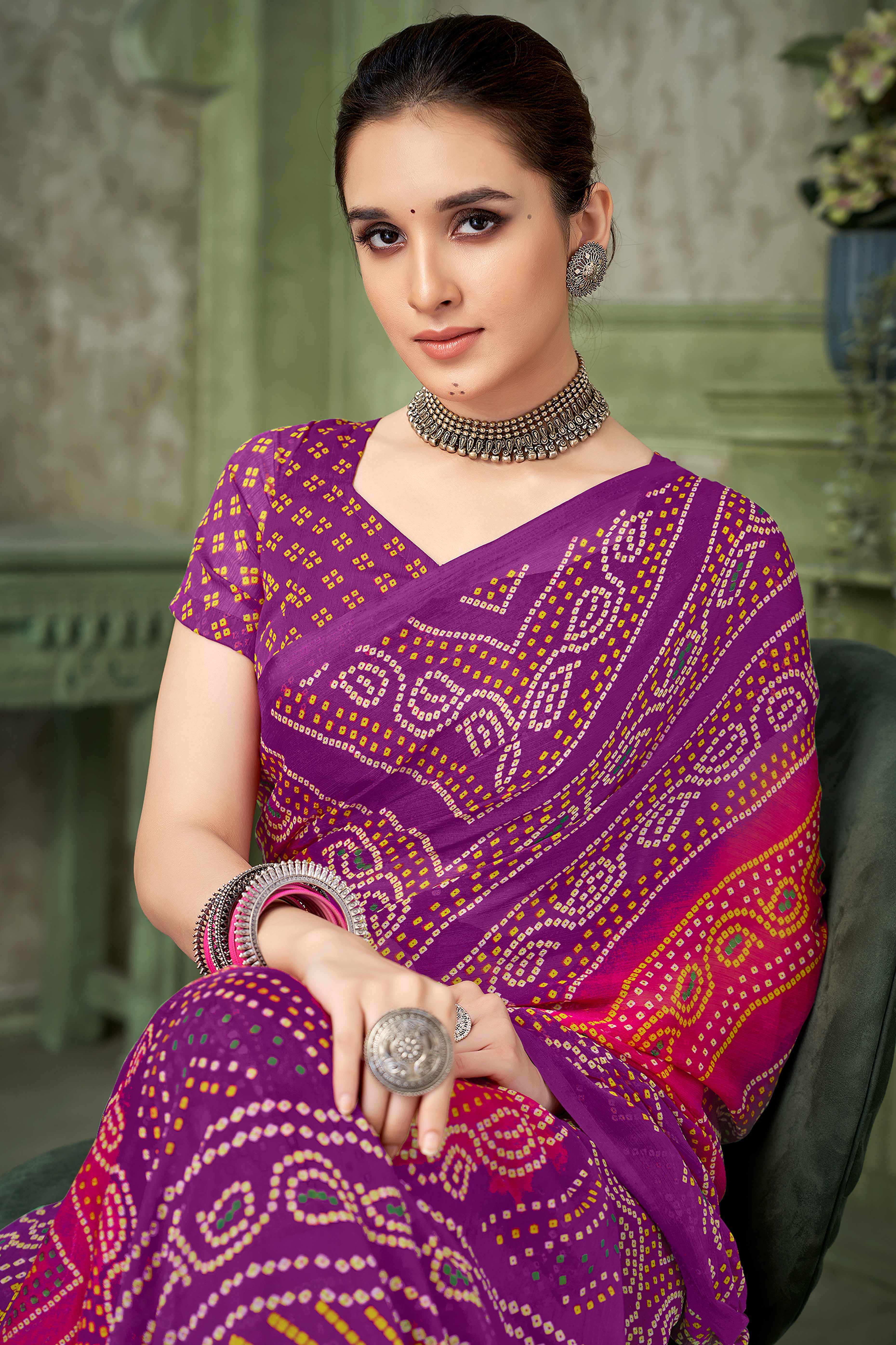 Purple Chiffon Saree Adorned With Traditional Bandhani Print
