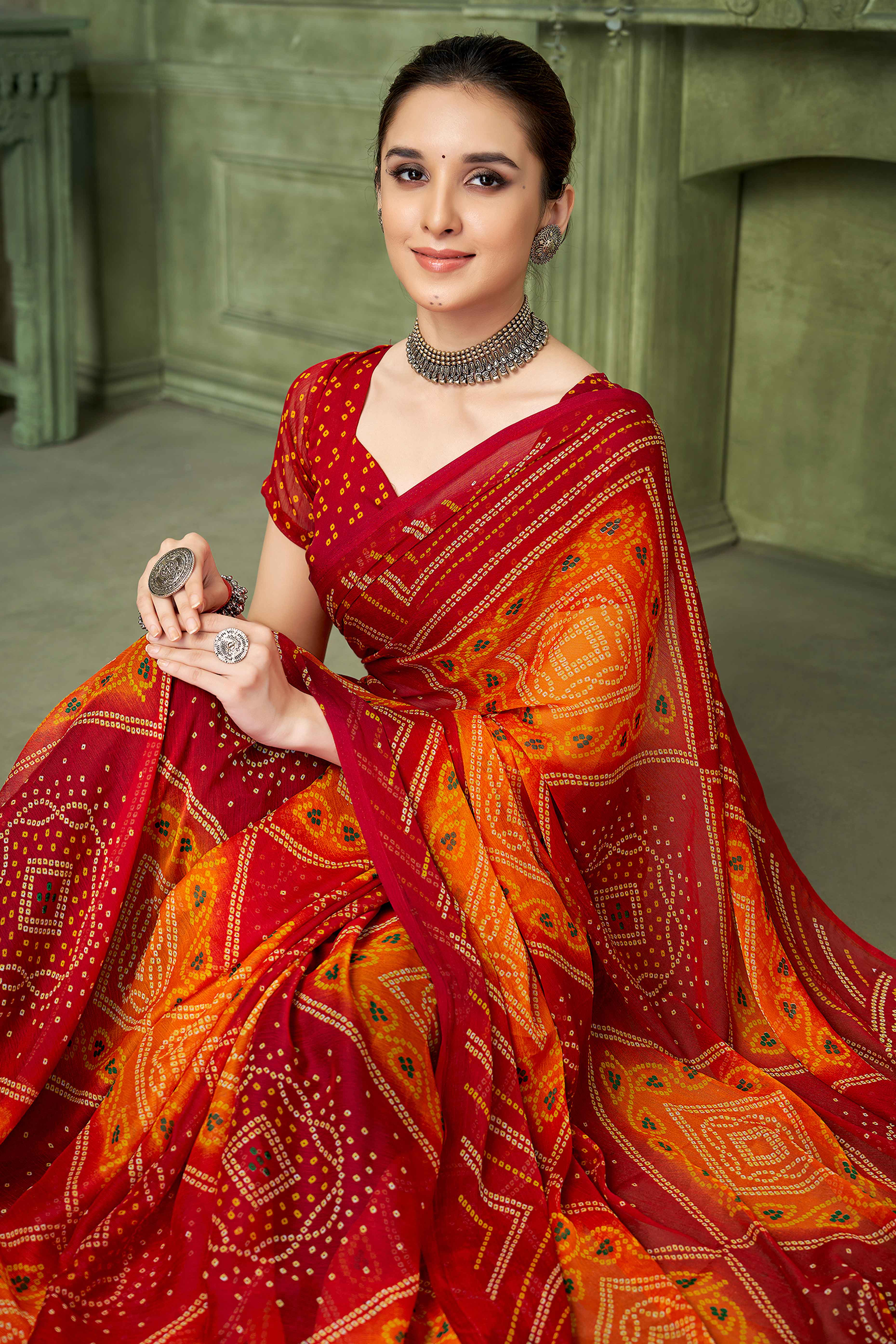 Red Chiffon Saree Adorned With Traditional Bandhani Print