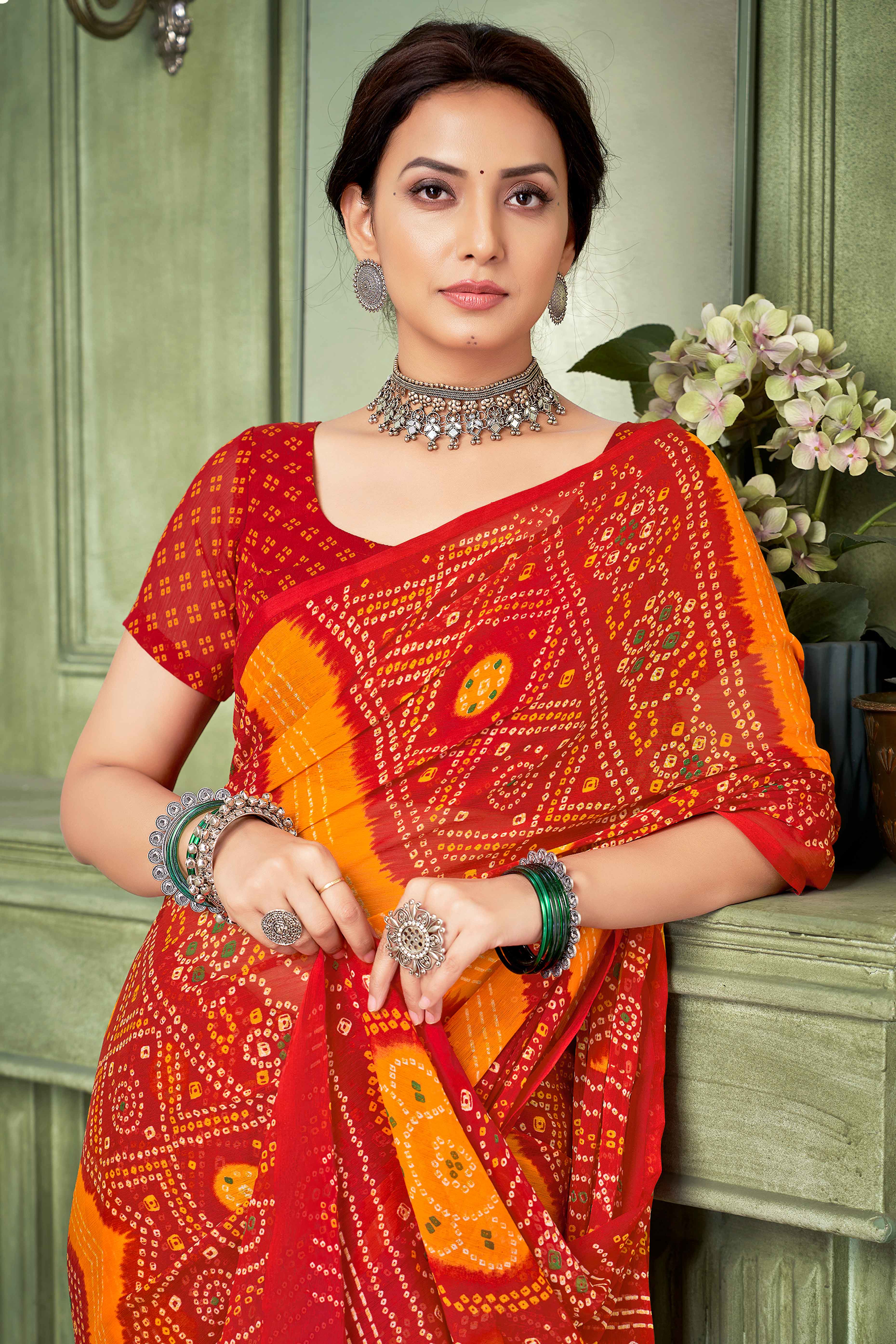 Red Chiffon Saree Adorned With Traditional Bandhani Print