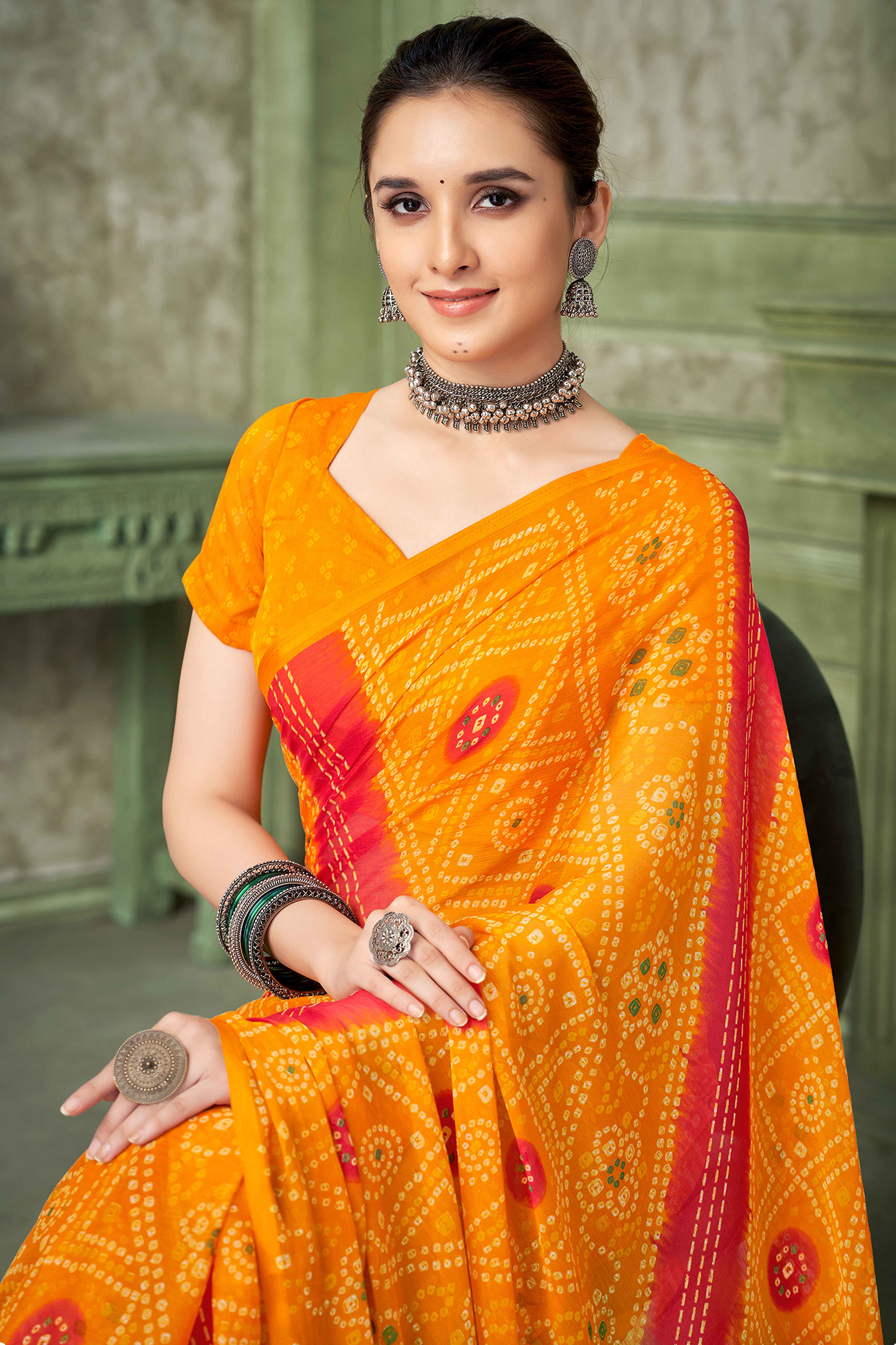 Mustard Chiffon Saree Adorned With Traditional Bandhani Print