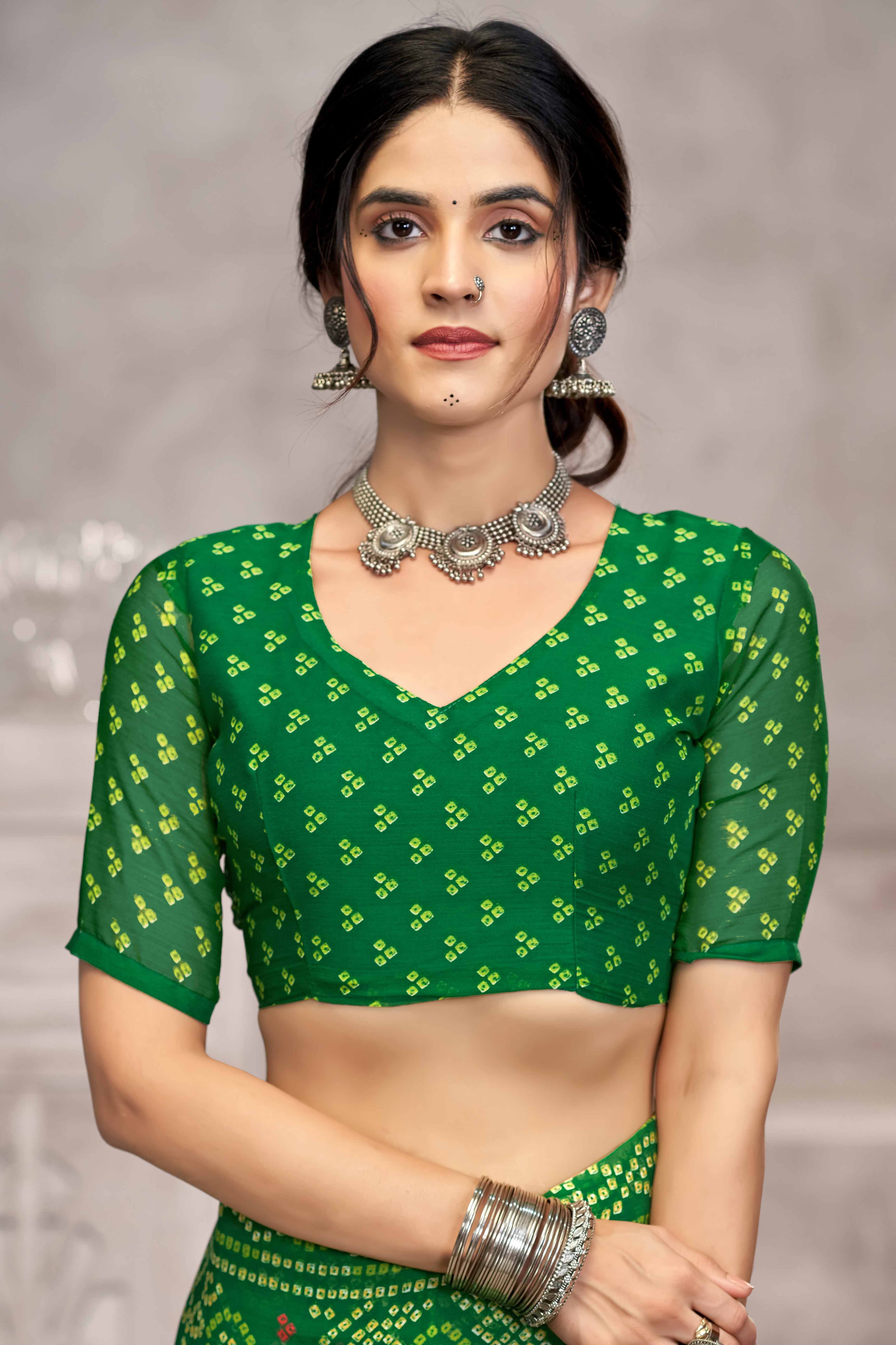 Green Chiffon Saree Features Bandhani Print for Casual Occasion