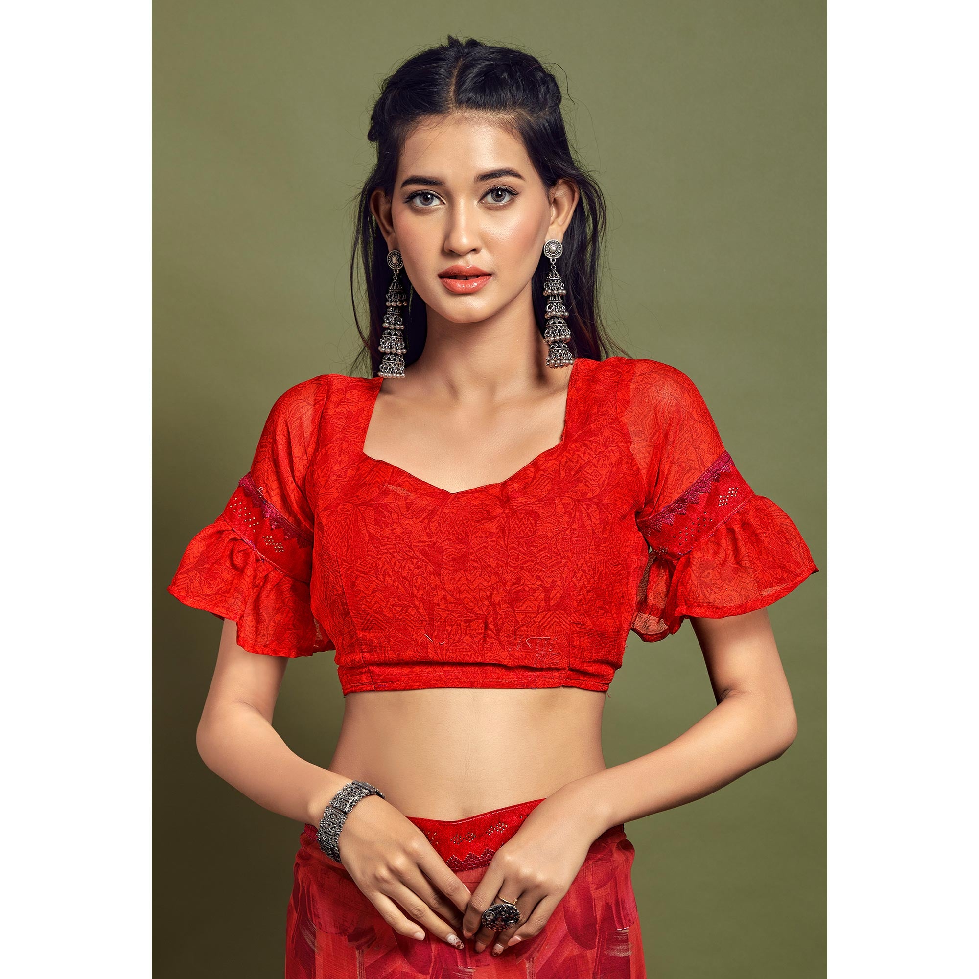 Red Geometric Printed Chiffon Saree