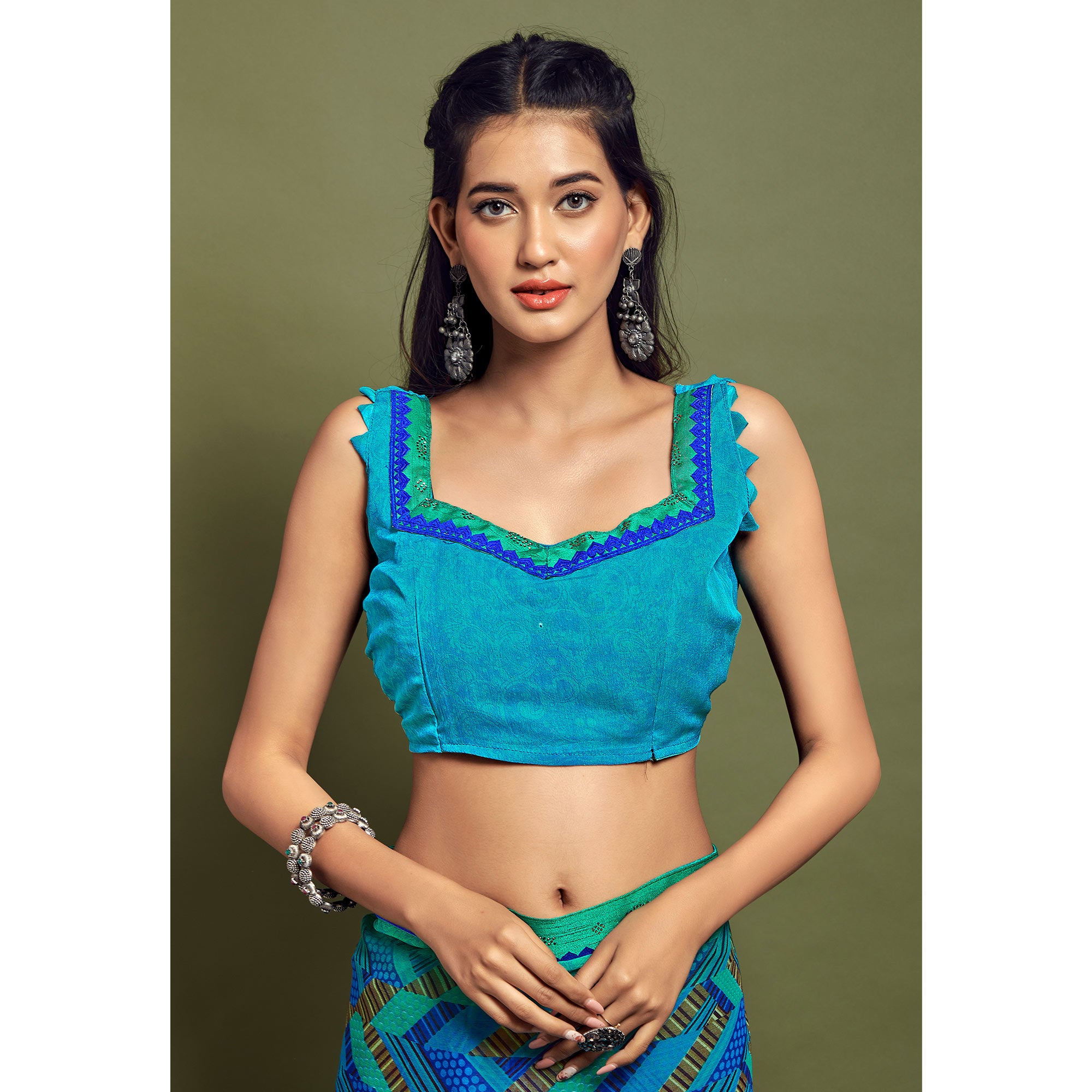 Blue Geometric Printed Chiffon Saree