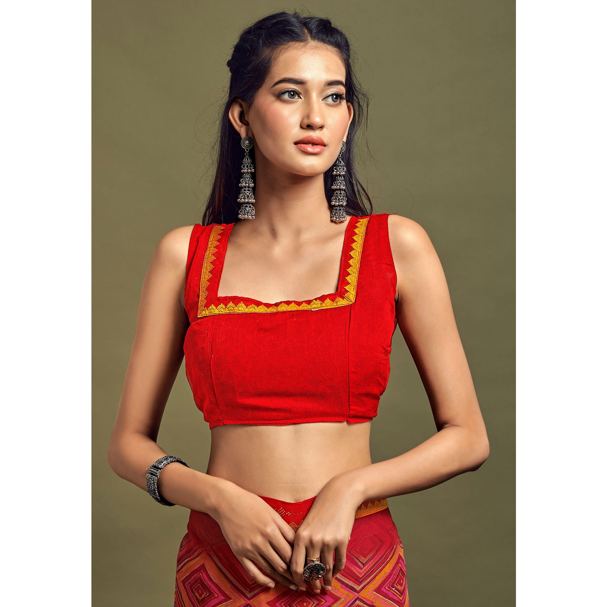 Red Geometric Printed Chiffon Saree