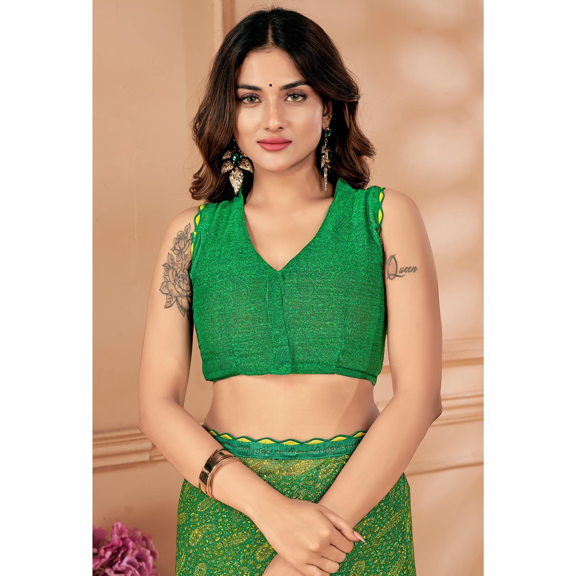 Green Printed Chiffon Saree With Lace Border